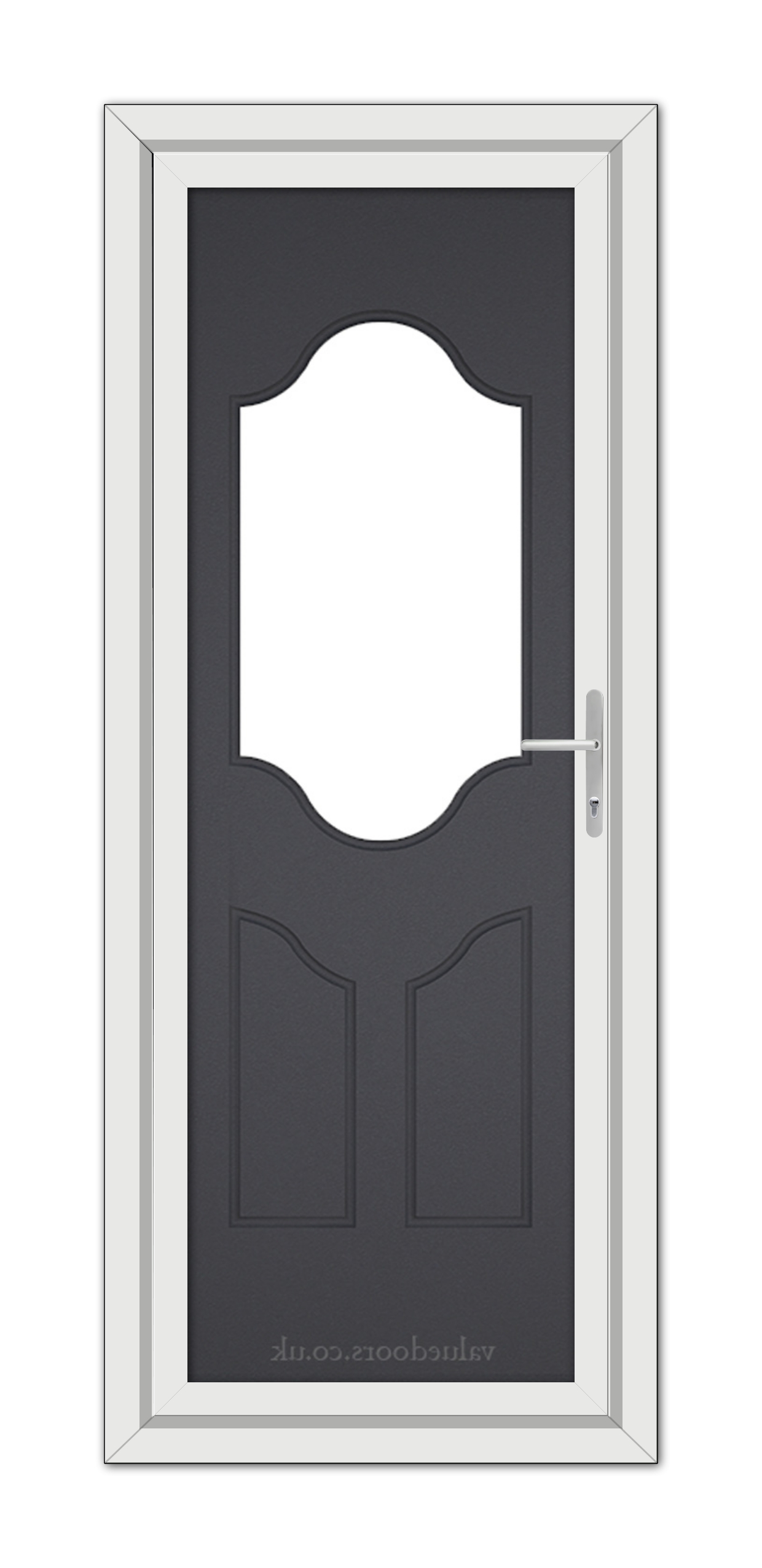 A vertical image of a Grey Grained Althorpe One uPVC Door with a large, central oval glass window, framed in white with a silver handle on the right side.