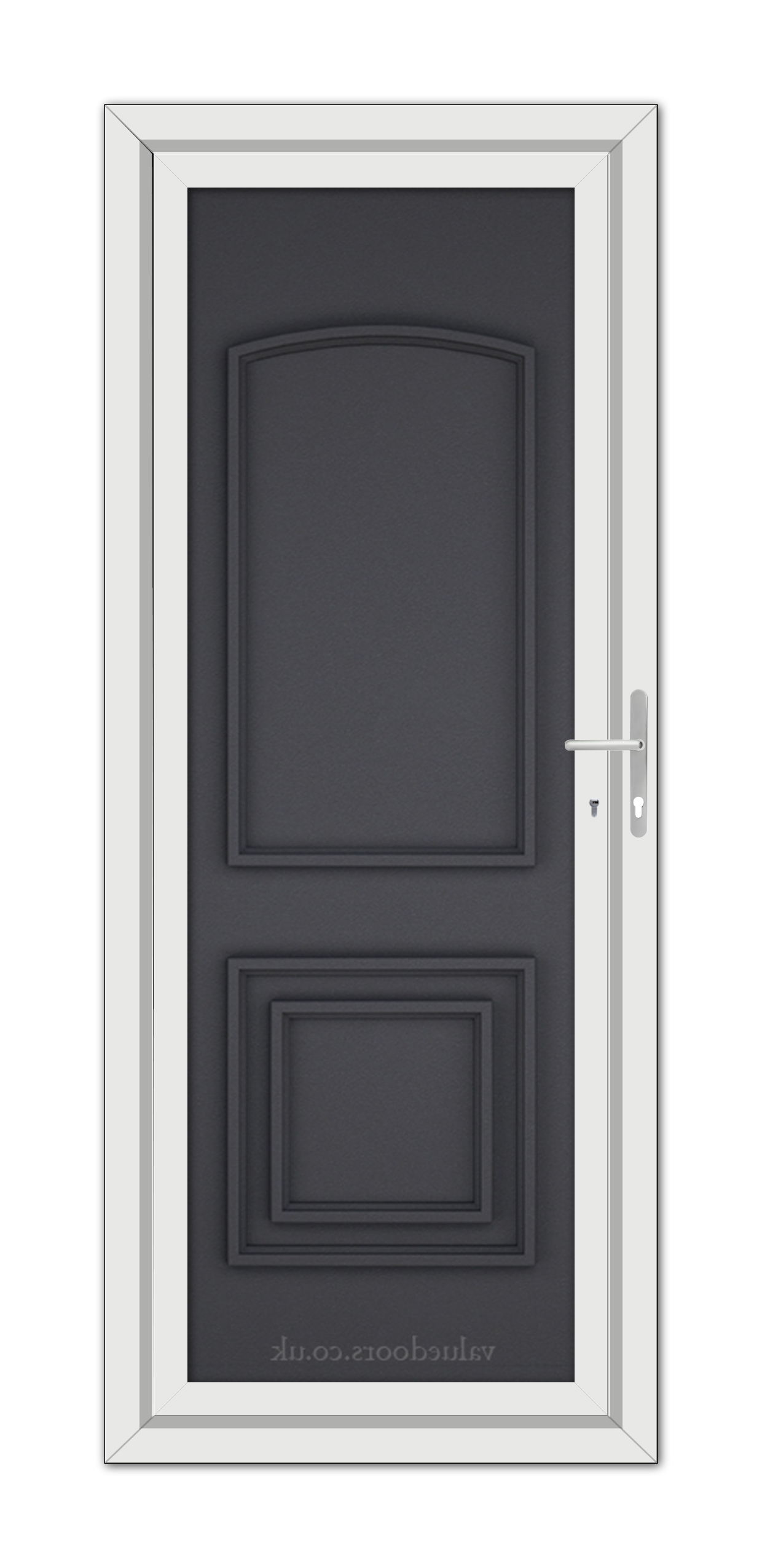 A vertical image of a Grey Grained Balmoral Classic Solid uPVC door with a simple squared design, featuring a silver handle on the right side, set within a white frame.