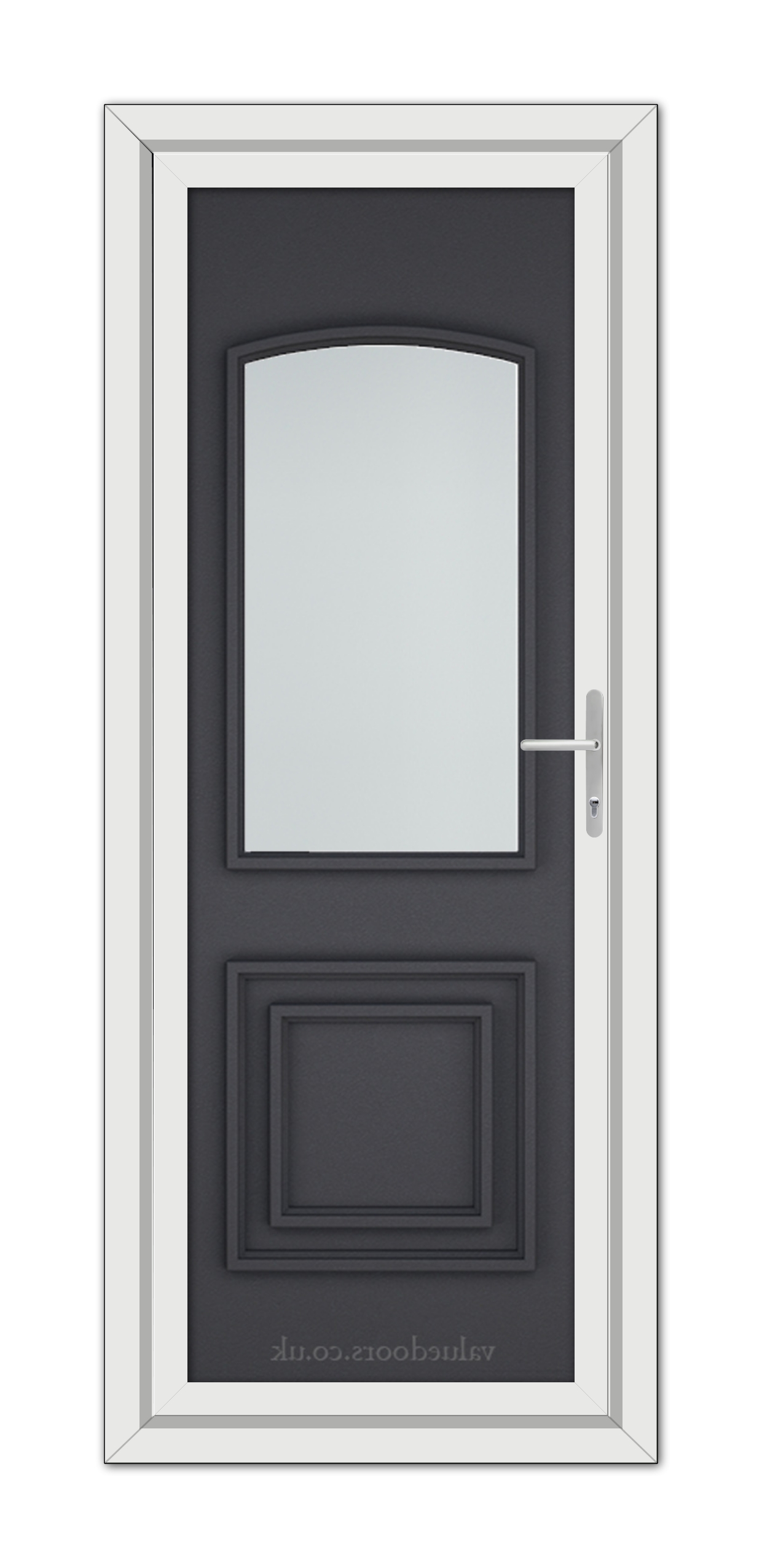A Grey Grained Balmoral Classic uPVC Door featuring a narrow vertical window, a prominent dark gray panel, and a metallic handle, set within a white frame.