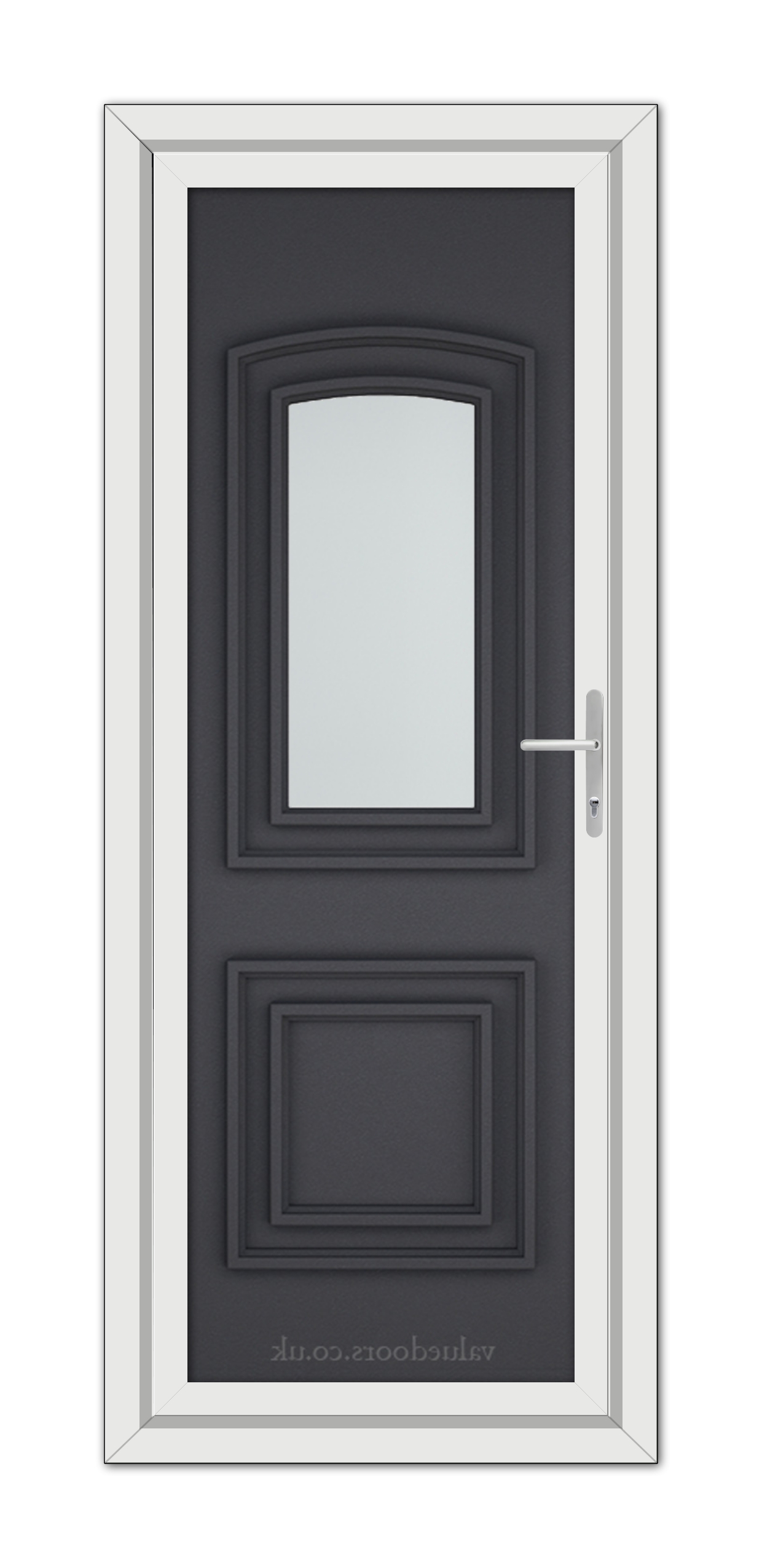 A modern, Grey Grained Balmoral One uPVC door with a narrow vertical glass panel and a silver handle, framed by a white doorframe.