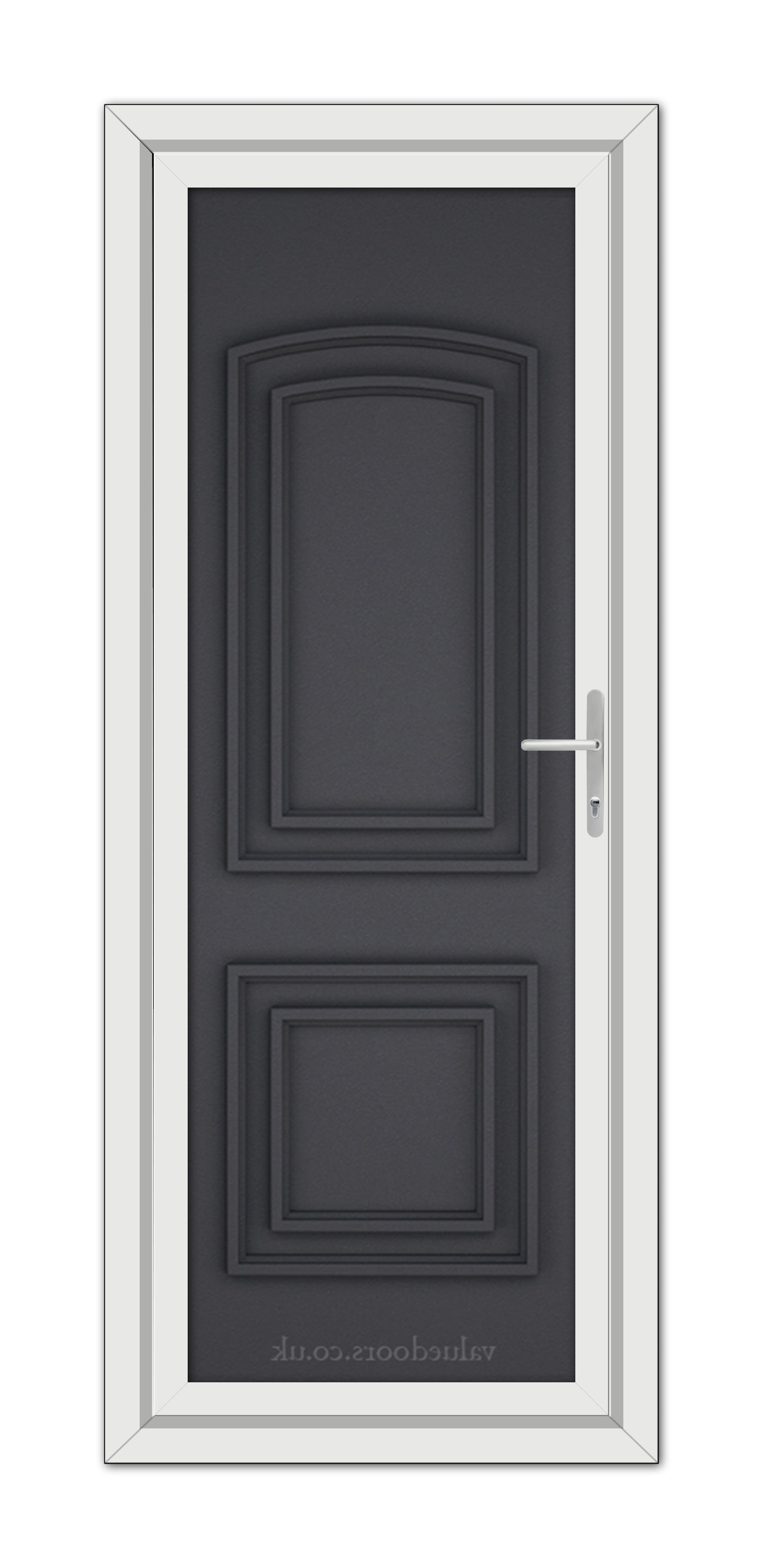 A vertical image of a closed, contemporary Grey Grained Balmoral Solid uPVC door with a silver handle, framed by a white doorframe.