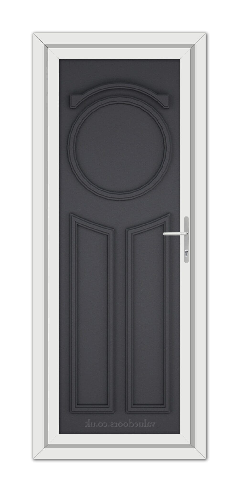 A modern Grey Grained Blenheim Solid uPVC Door with a round window, set within a white frame, featuring a sleek metal handle on the right side.