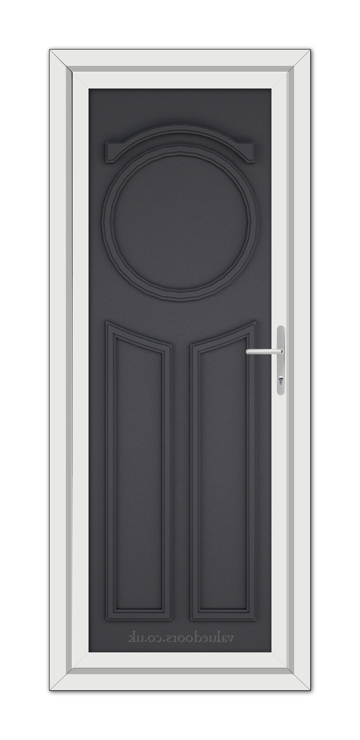 A modern Grey Grained Blenheim Solid uPVC Door with a round window, set within a white frame, featuring a sleek metal handle on the right side.