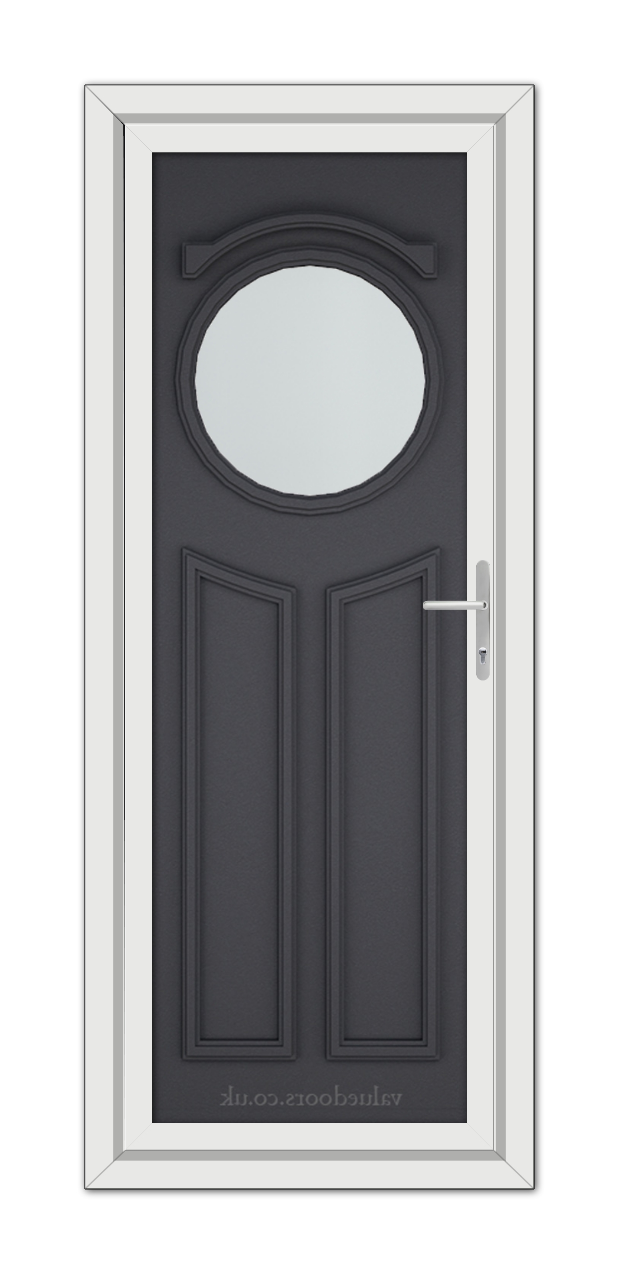 A modern Grey Grained Blenheim uPVC door with an oval glass panel and a silver handle, framed in a white door frame.