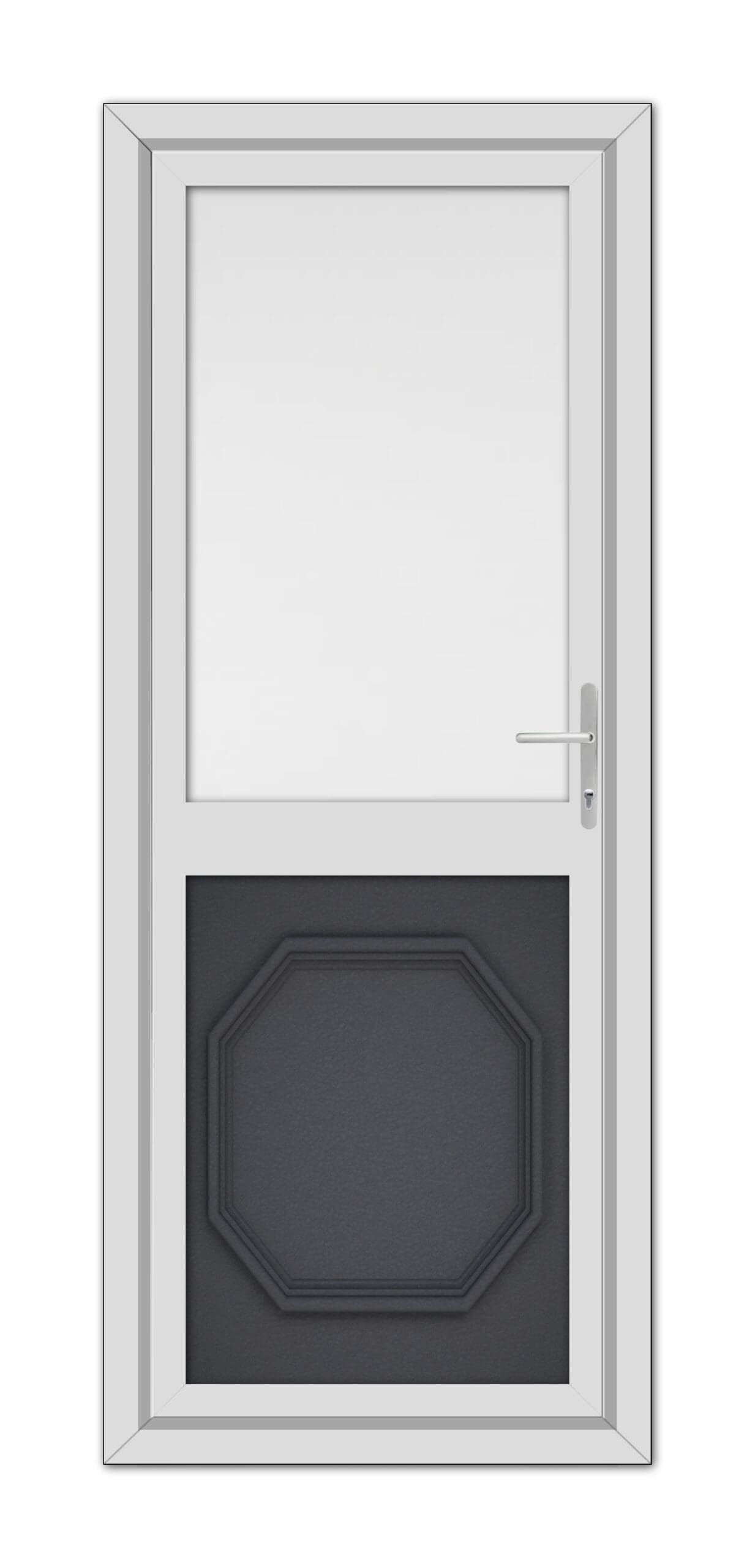 Grey Grained Buckingham Half uPVC Back Door with a geometrically patterned lower panel and a square window, featuring a sleek silver handle, isolated on a white background.