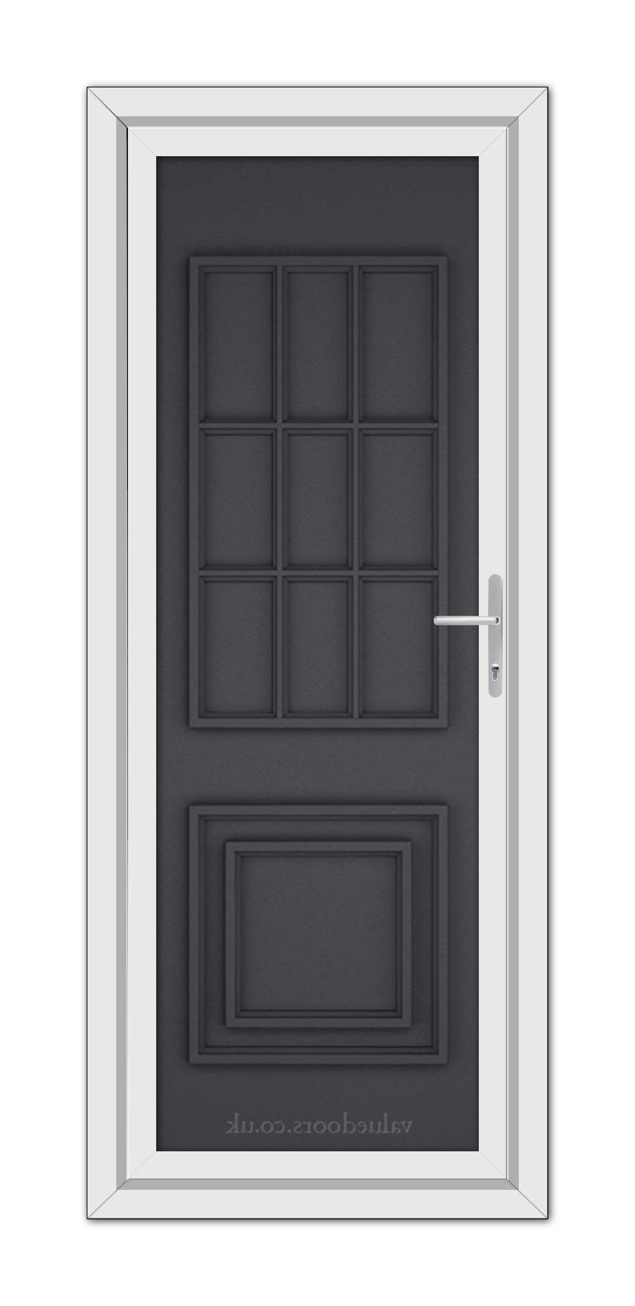 A modern Grey Grained Cambridge One Solid uPVC door with a metal handle, featuring a series of rectangular panels, framed by a white doorframe.