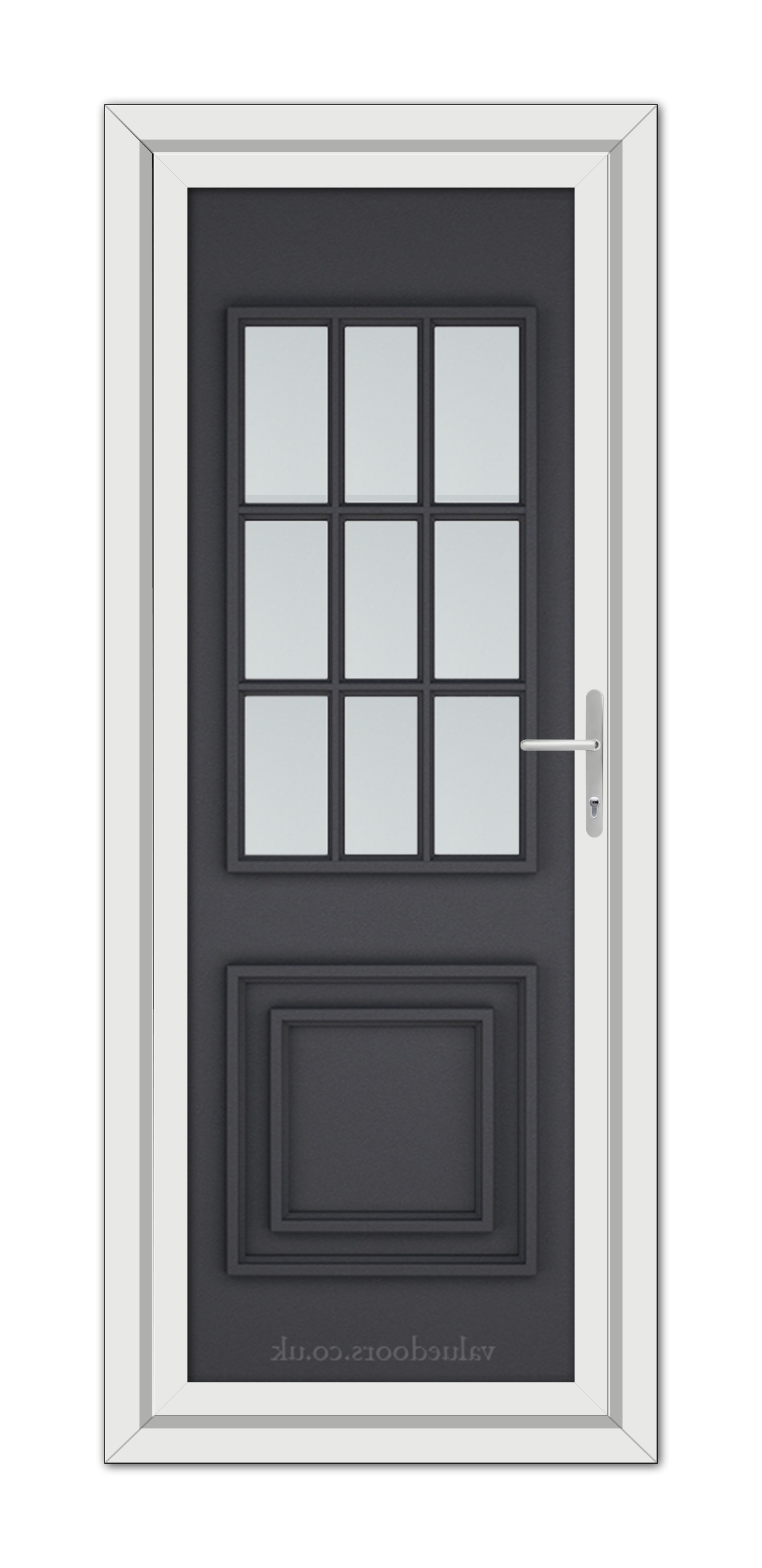 A modern Grey Grained Cambridge One uPVC Door featuring a vertical alignment of rectangular glass panes at the top and a raised panel at the bottom, framed in white.