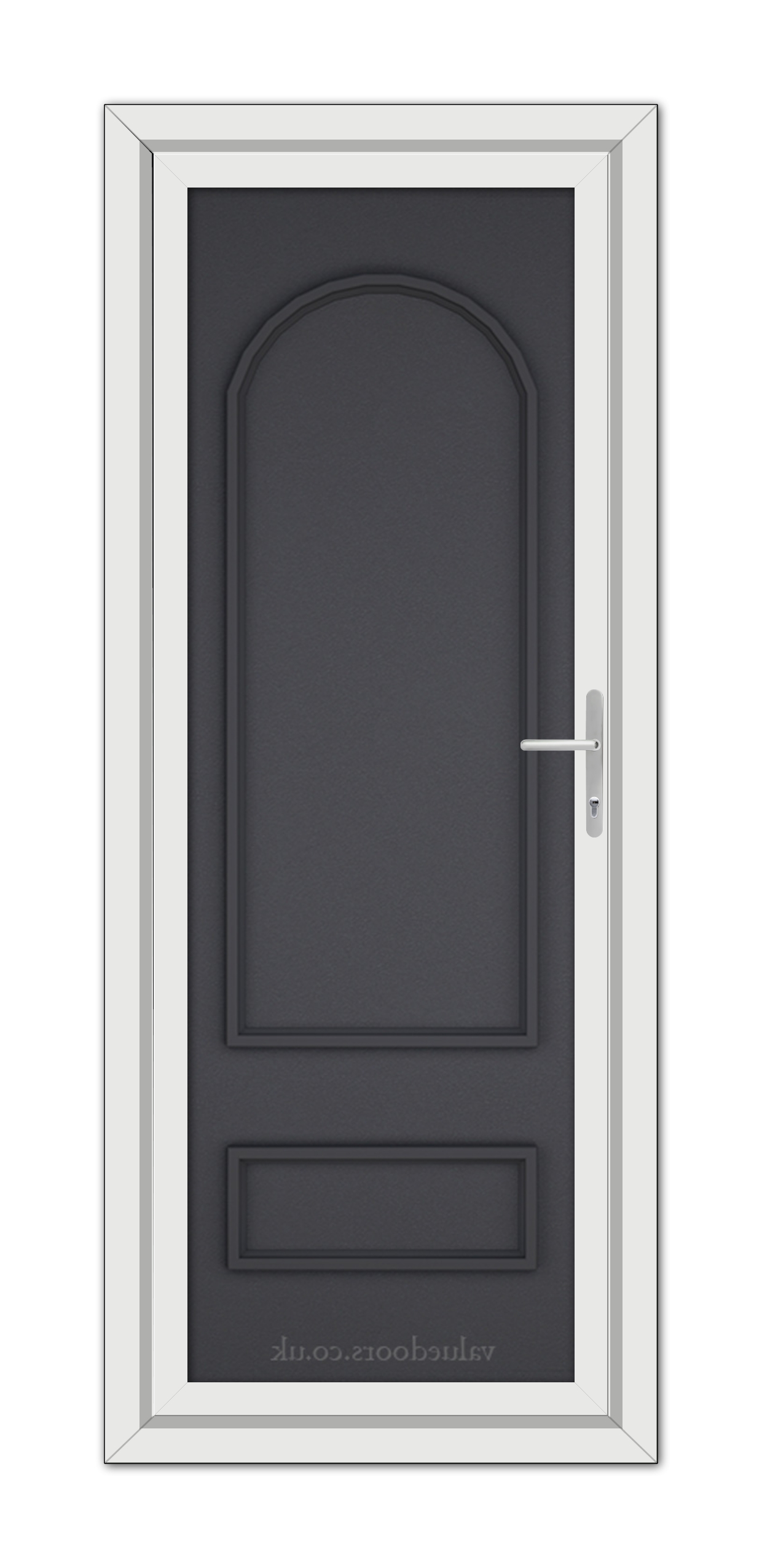 A vertical image of a Grey Grained Canterbury Solid uPVC Door with a white frame and a silver handle on the right side.