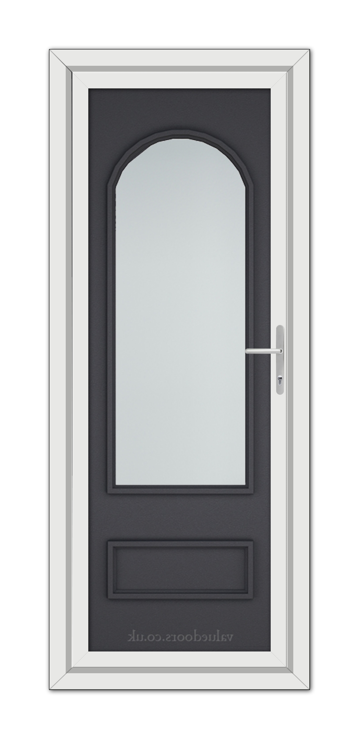A modern Grey Grained Canterbury uPVC Door with a vertical arched window, framed in white, featuring a silver handle on the right side.