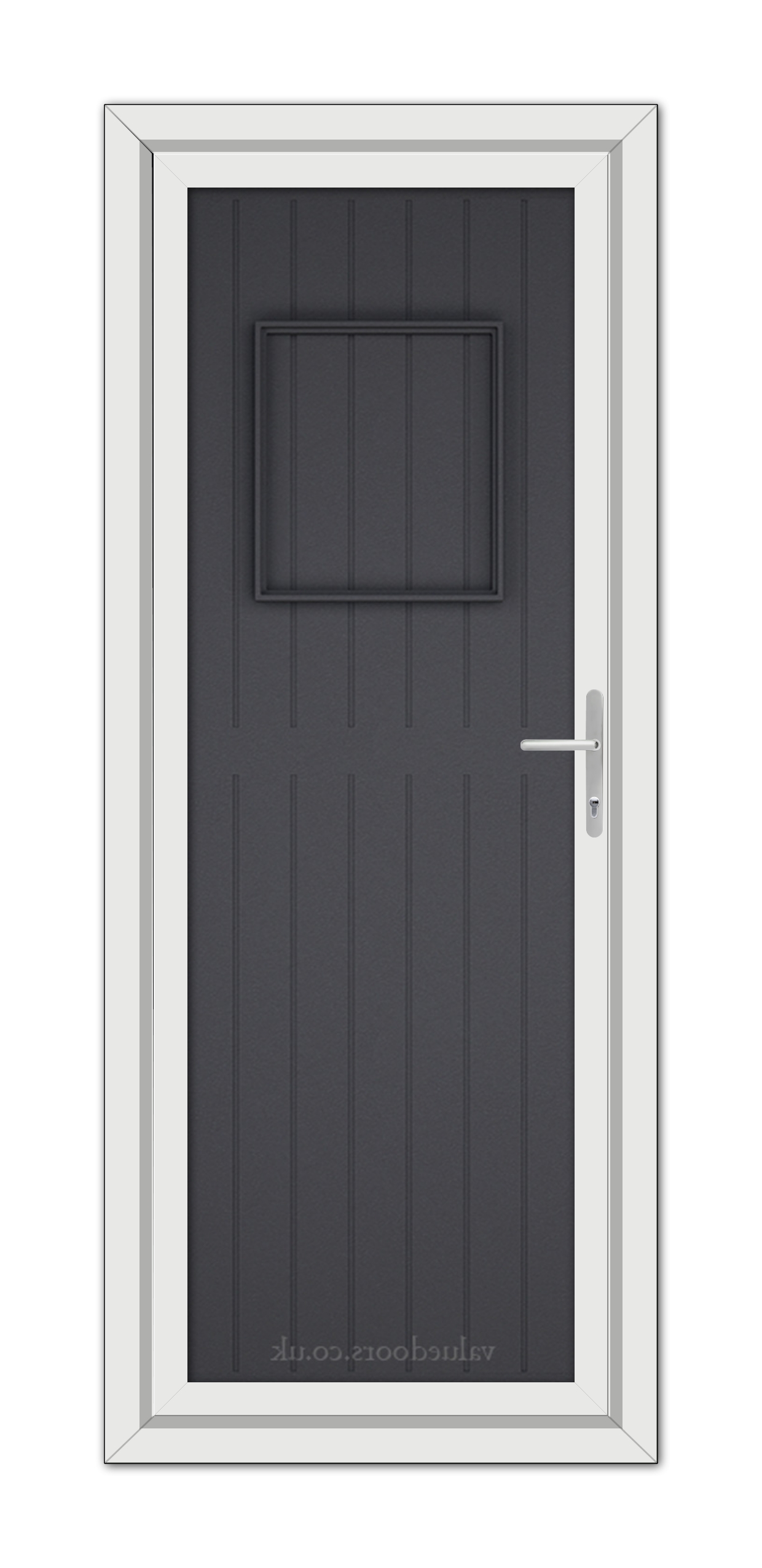 A modern Grey Grained Chatsworth Solid uPVC Door with a top window, set in a white frame, featuring a silver handle on the right.
