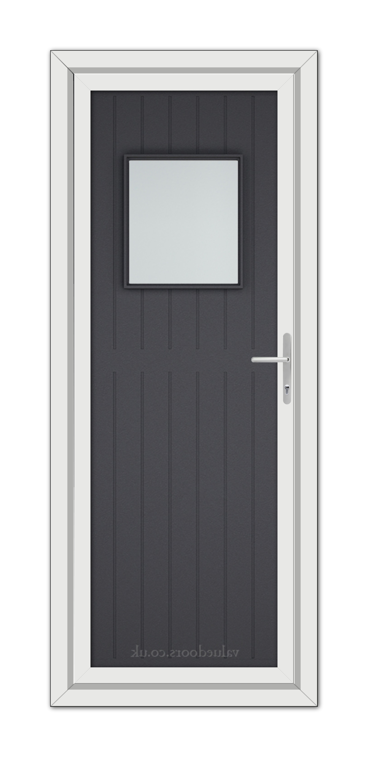 A modern Grey Grained Chatsworth uPVC Door with a square window at the top, surrounded by a white frame, featuring a silver handle on the right side.