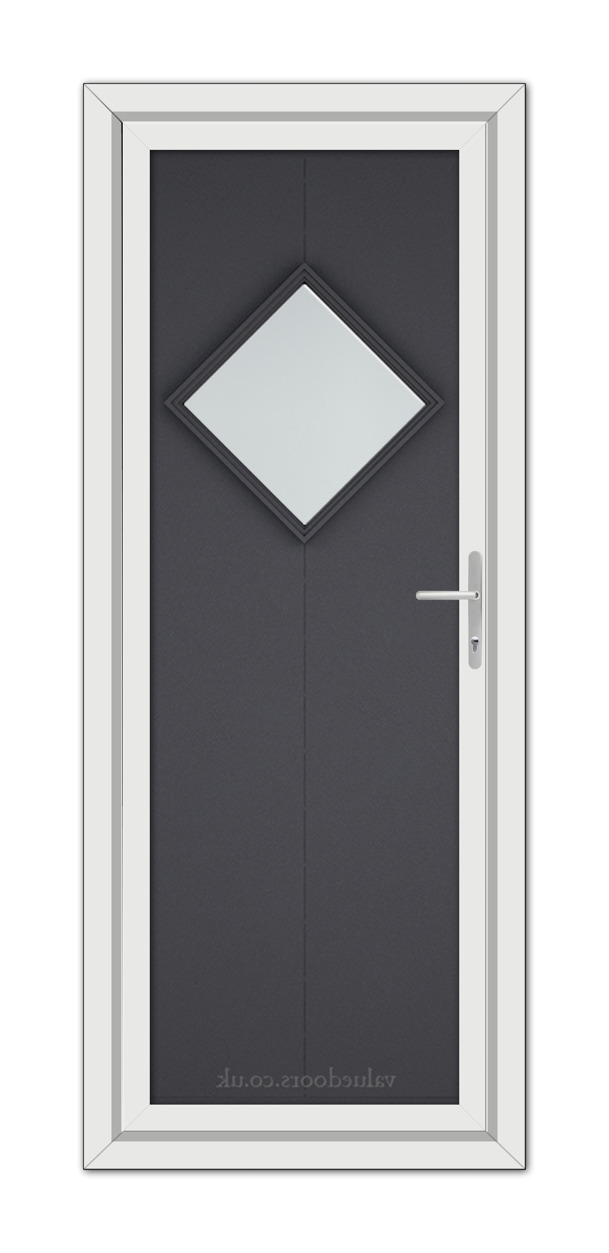 Modern Grey Grained Hamburg uPVC door with a diamond-shaped window and silver handle, framed in white.