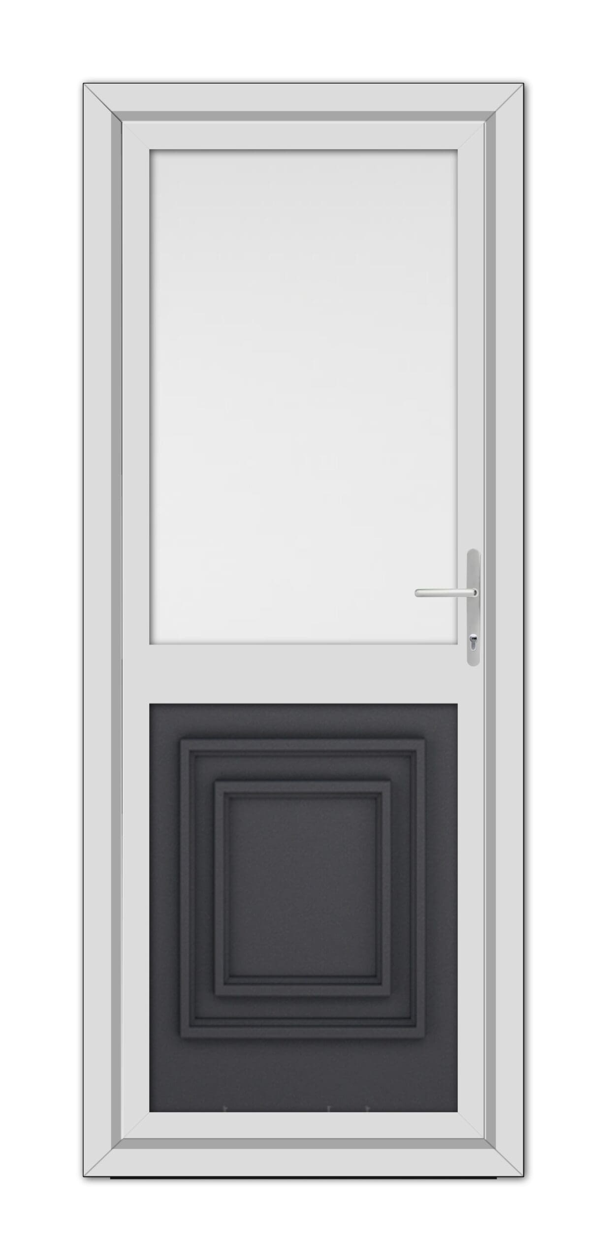 A modern Grey Grained Hannover Half uPVC Back Door with a large rectangular window at the top and a raised black panel at the bottom, equipped with a silver handle on the right side.