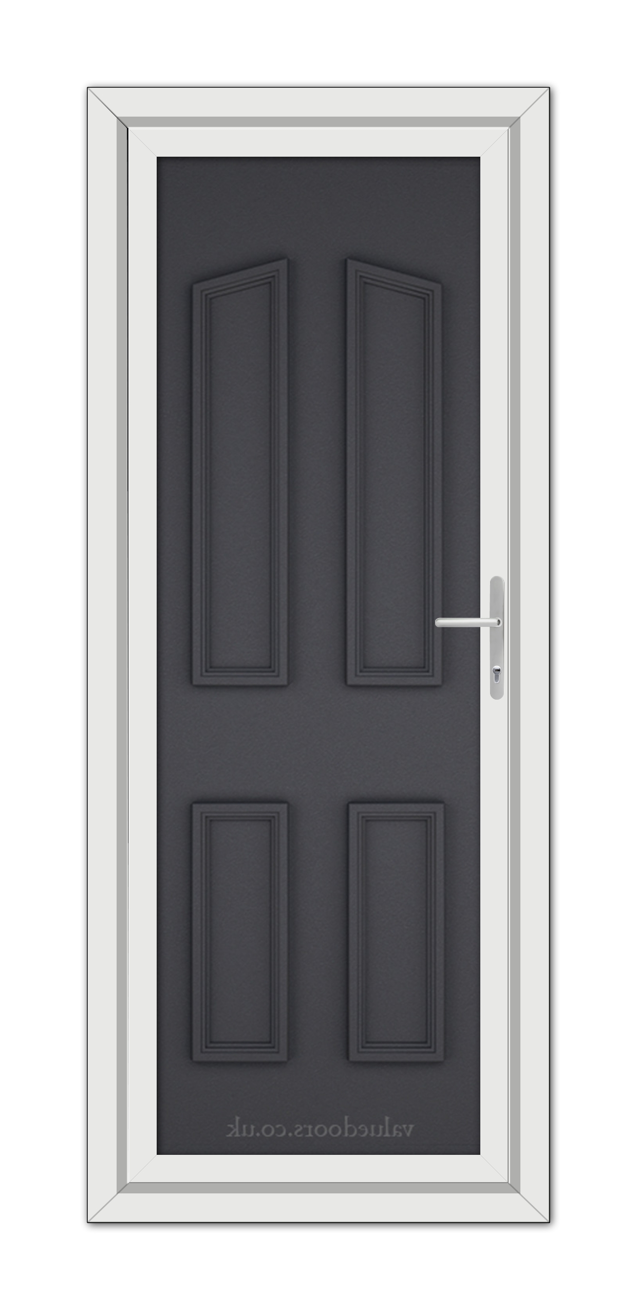 A modern Grey Grained Kensington Solid uPVC door with a metallic handle, featuring a simple rectangular design with four panels, set within a white door frame.