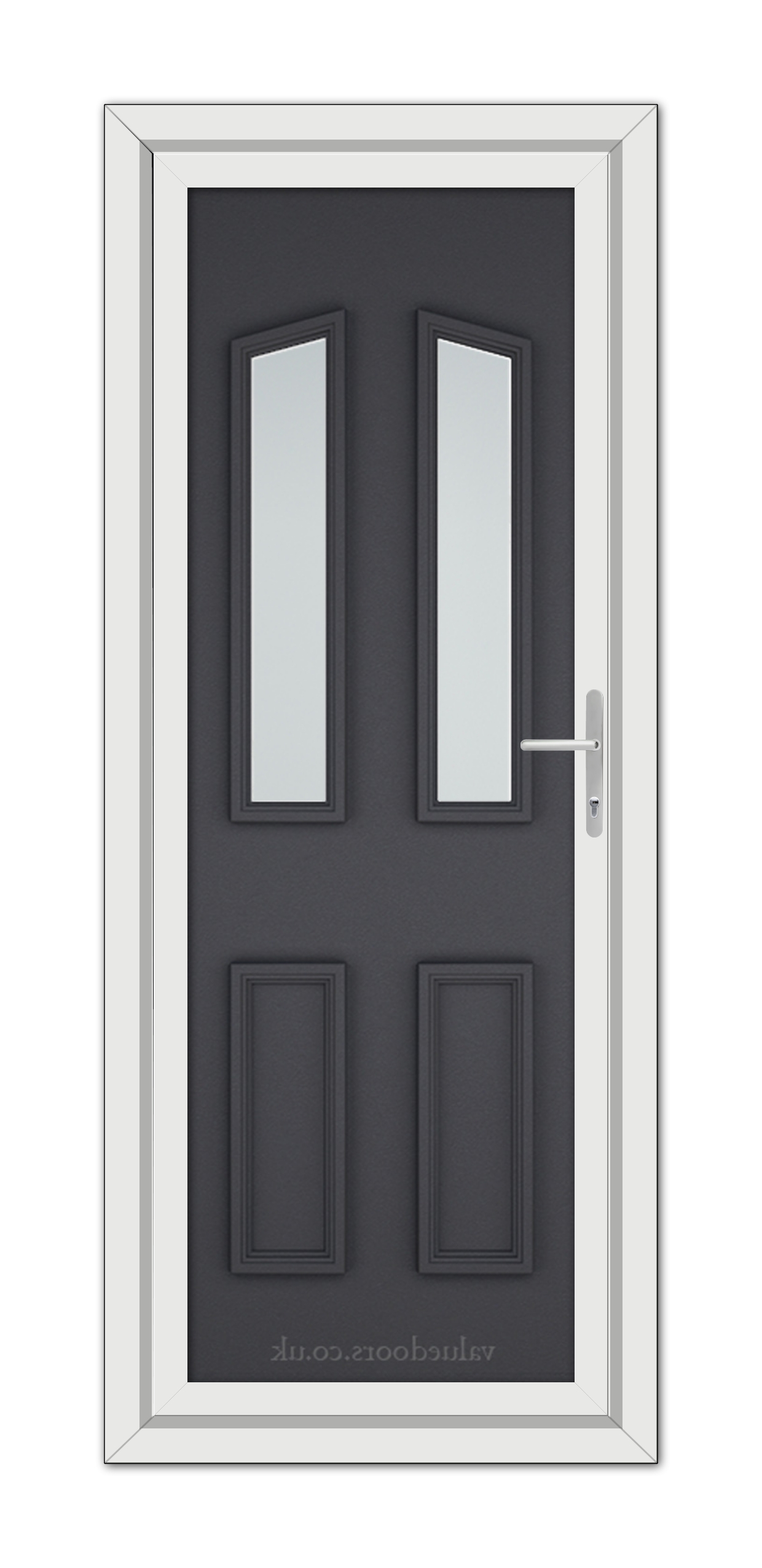 A Grey Grained Kensington uPVC Door with two vertical glass panels and a white frame, featuring a silver handle on the right.