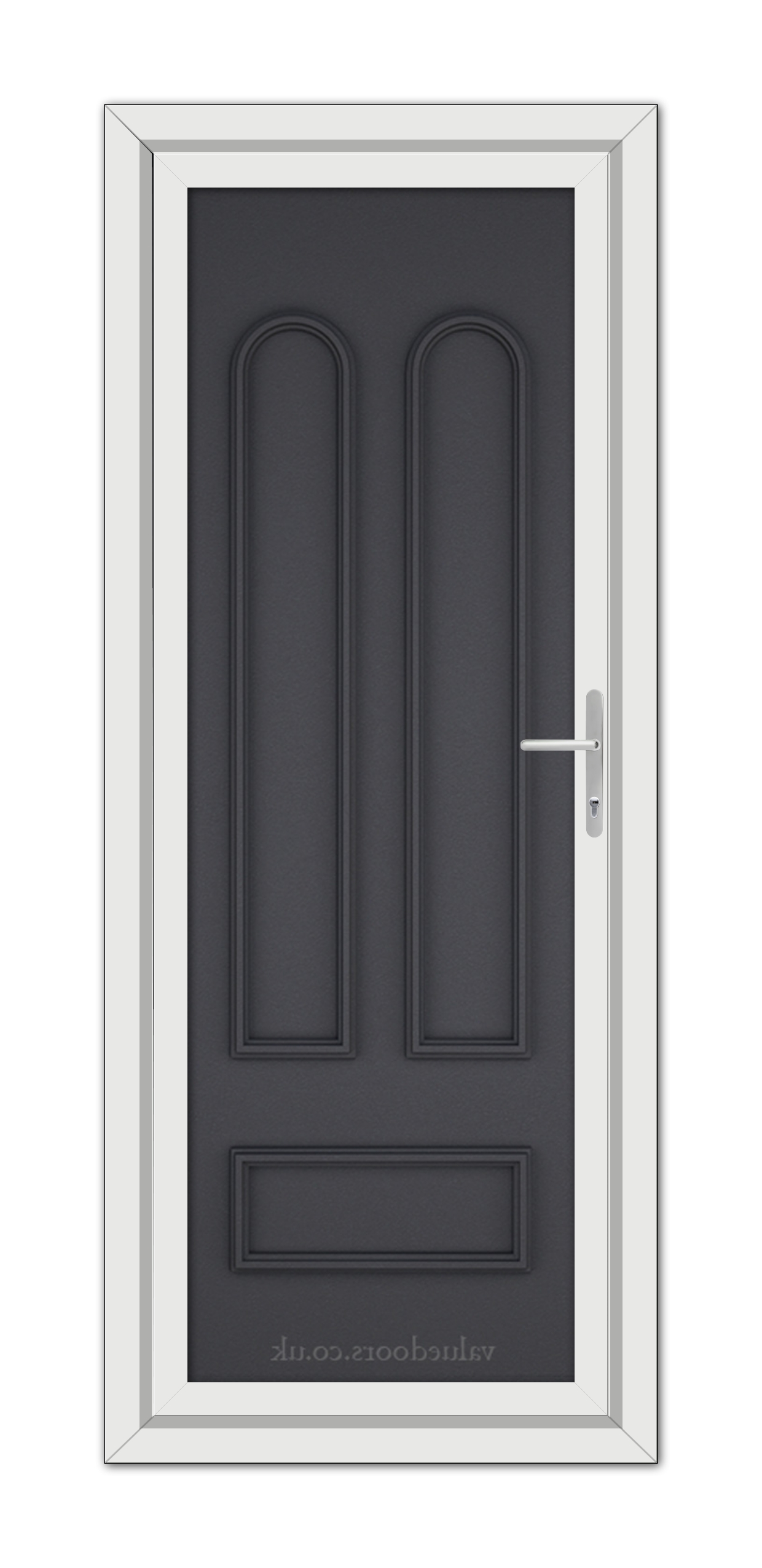 A modern Grey Grained Madrid Solid uPVC Door with two vertical panels and a silver handle, framed by a white door frame.