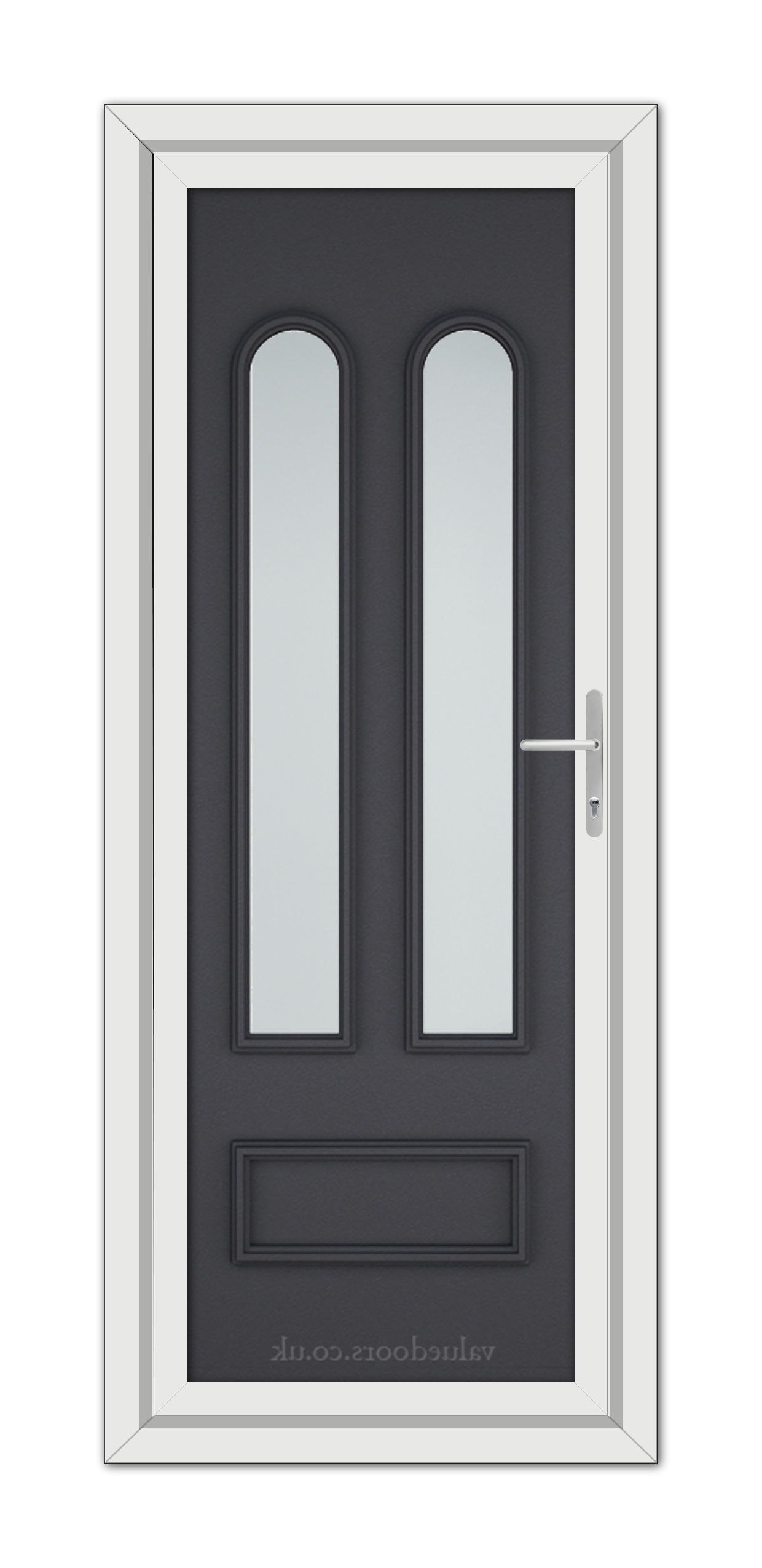 Modern Grey Grained Madrid uPVC Door with double vertical frosted glass panels and white frame, featuring a silver handle on the right.