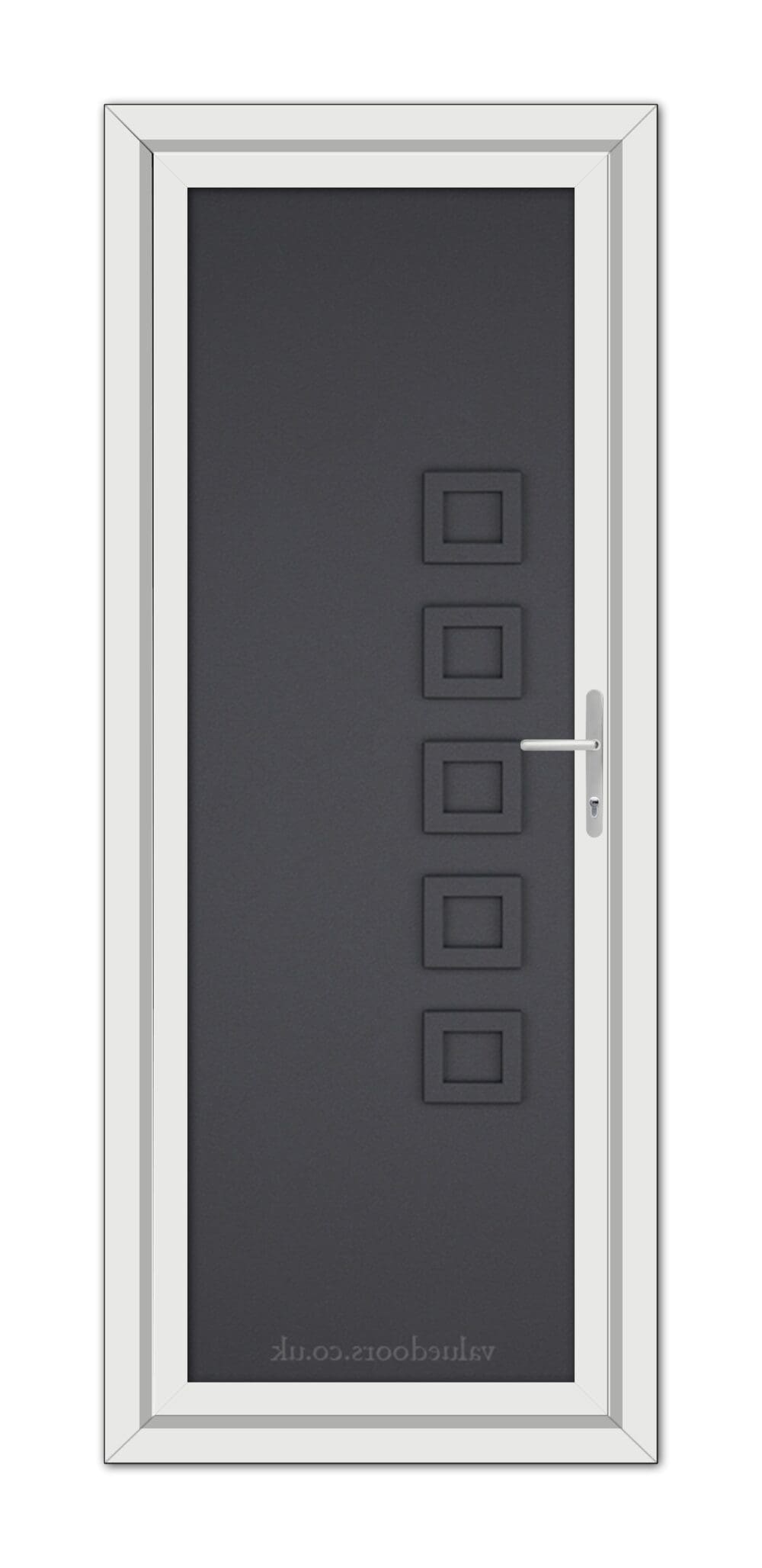A modern Grey Grained Malaga Solid uPVC Door with a vertical handle and five square windows positioned in a vertical line.