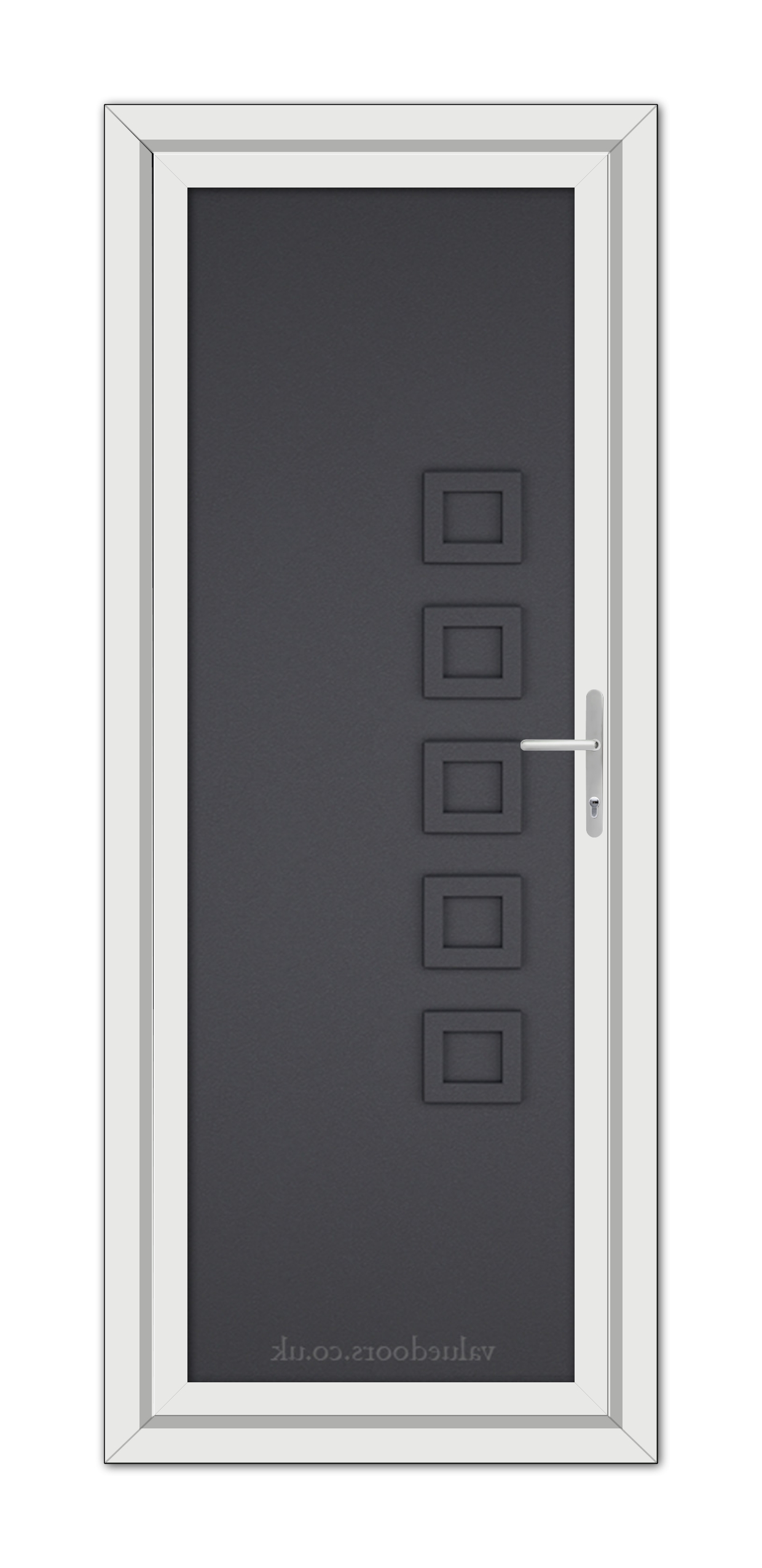 A modern Grey Grained Malaga Solid uPVC Door with a vertical handle and five square windows positioned in a vertical line.