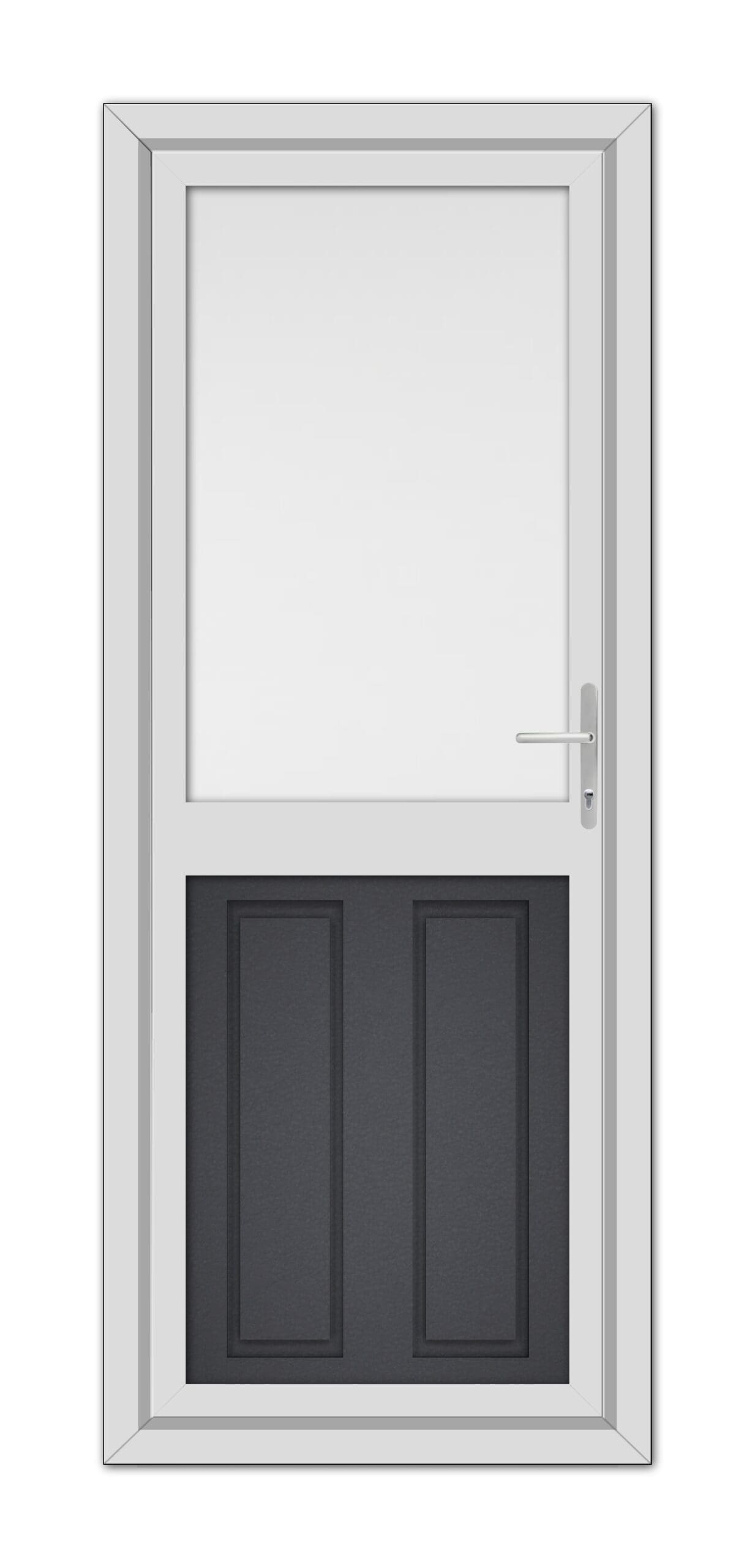 A modern Grey Grained Manor Half uPVC Back Door with a top glass pane and two lower black panels, featuring a metallic handle on the right side.