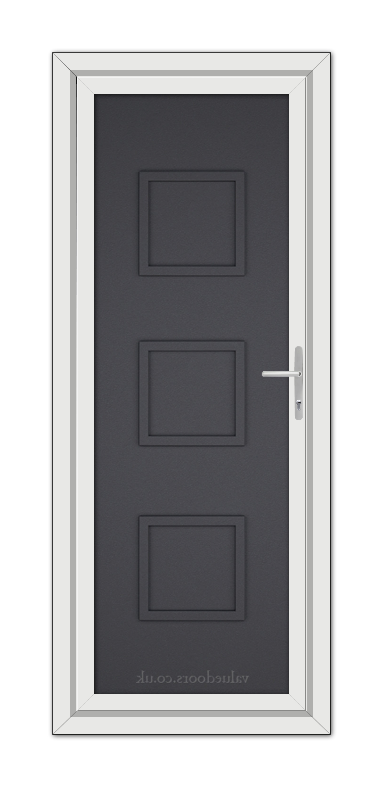 Vertical image of a Grey Grained Modern 5013 Solid uPVC Door with three recessed panels, a silver handle, and a white frame, viewed from the front.