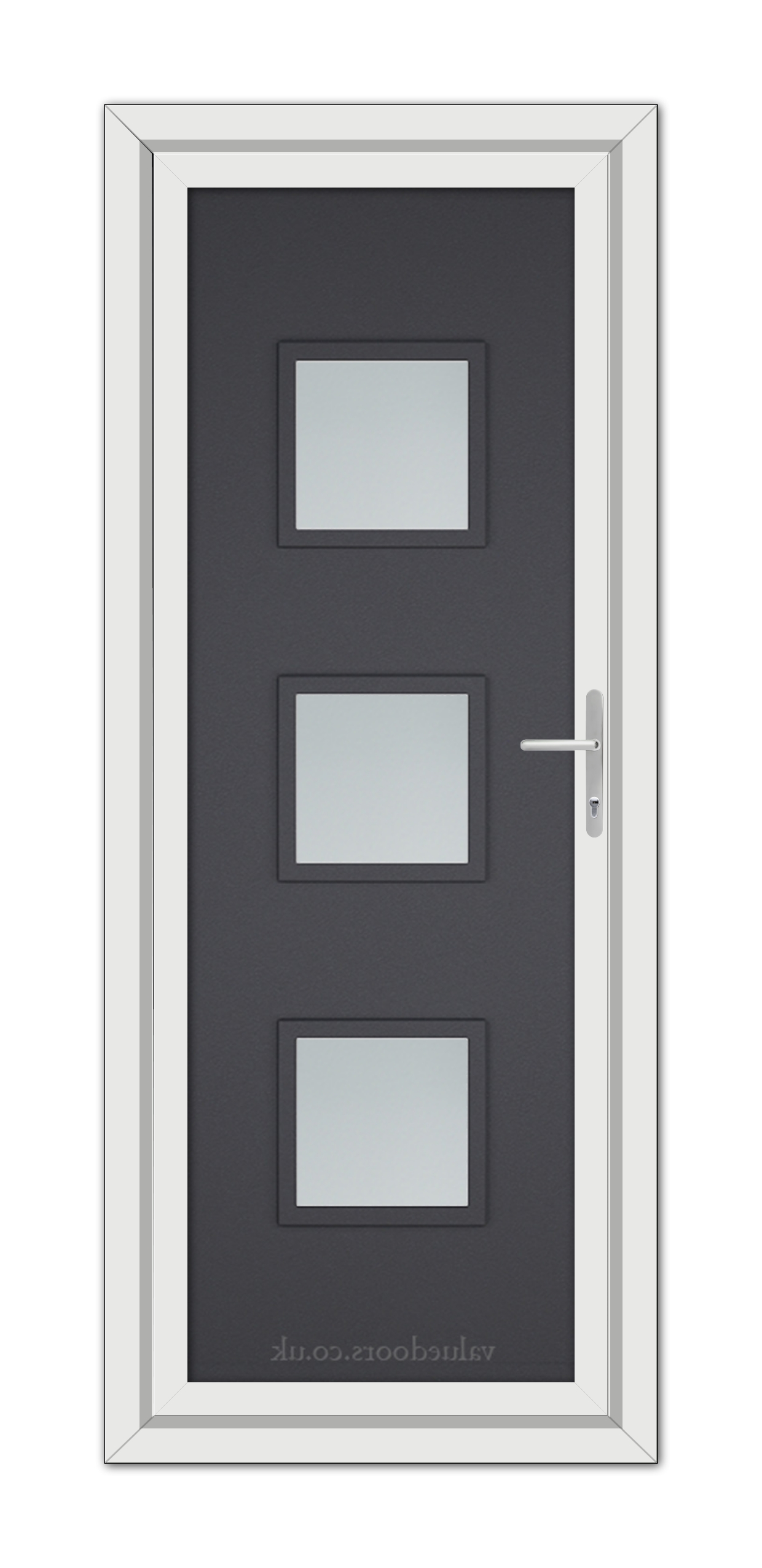 Grey Grained Modern 5013 uPVC Door with a white frame, featuring three rectangular frosted glass windows and a silver handle.