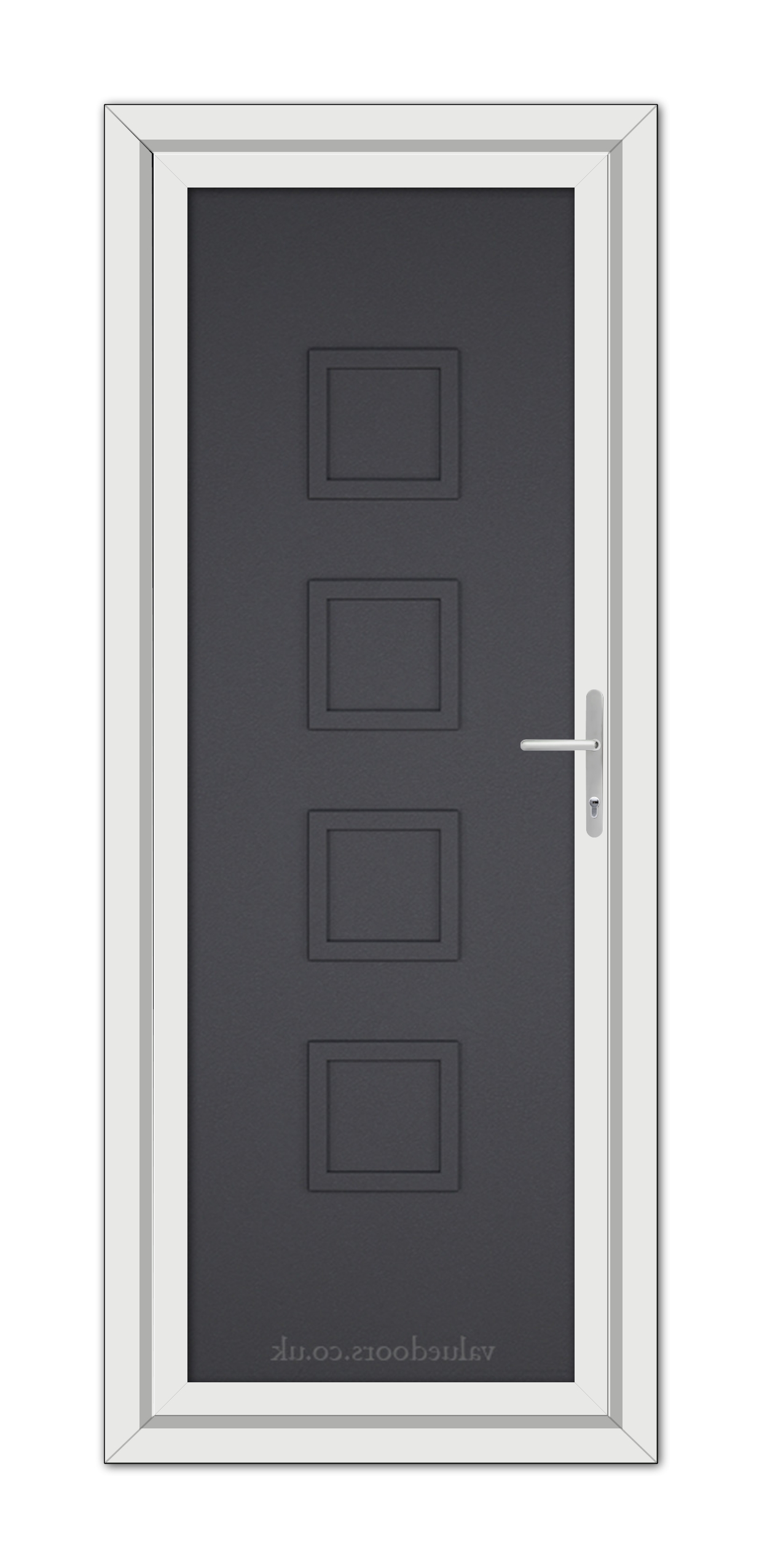 A Grey Grained Modern 5034 Solid uPVC door featuring five rectangular panels, a metallic handle on the right, and framed within a white doorframe.