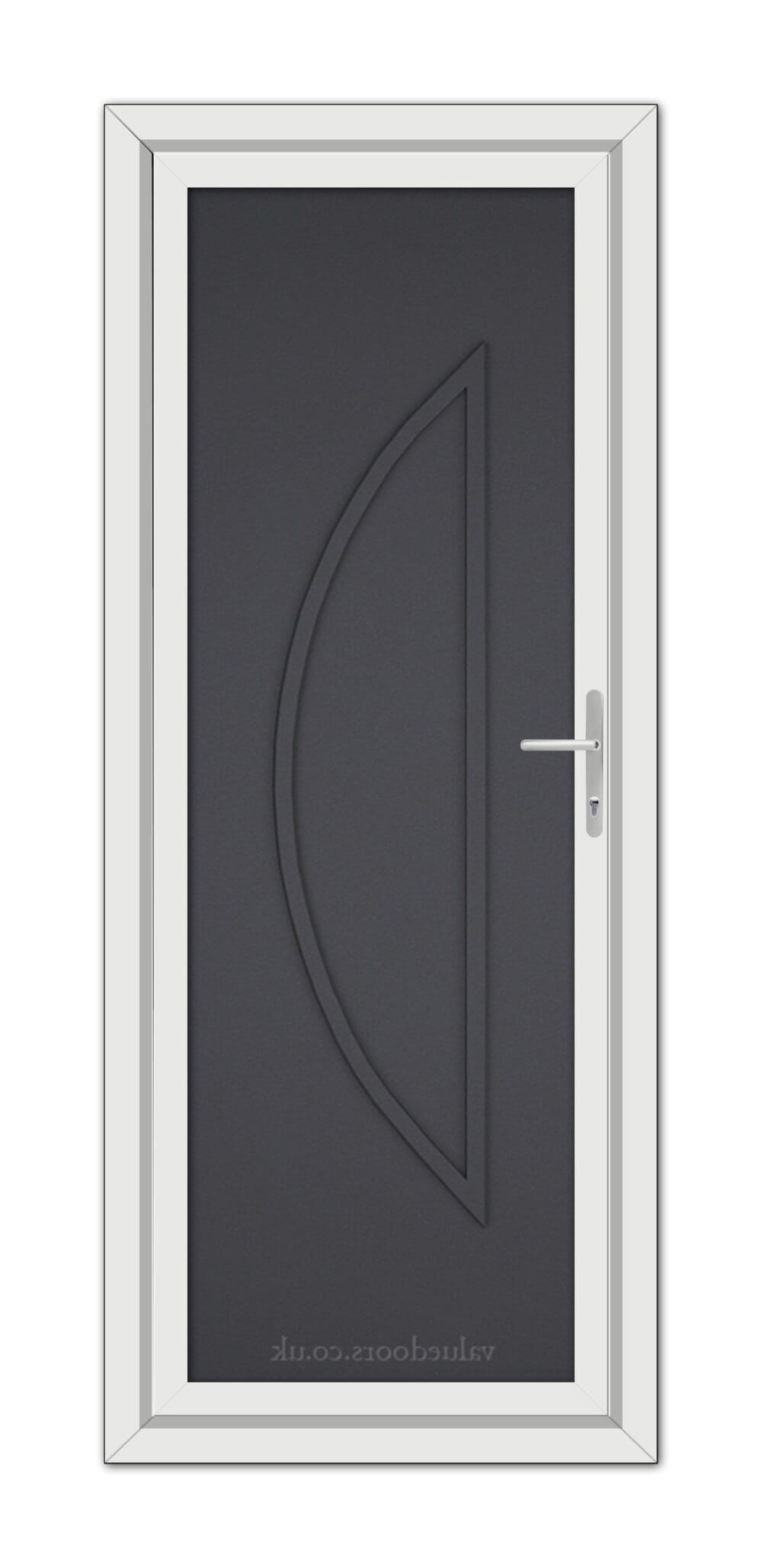 A modern, vertical image of a Grey Grained Modern 5051 Solid uPVC Door with a sleek design featuring an elongated, embossed oval shape and a metallic handle on the right side.