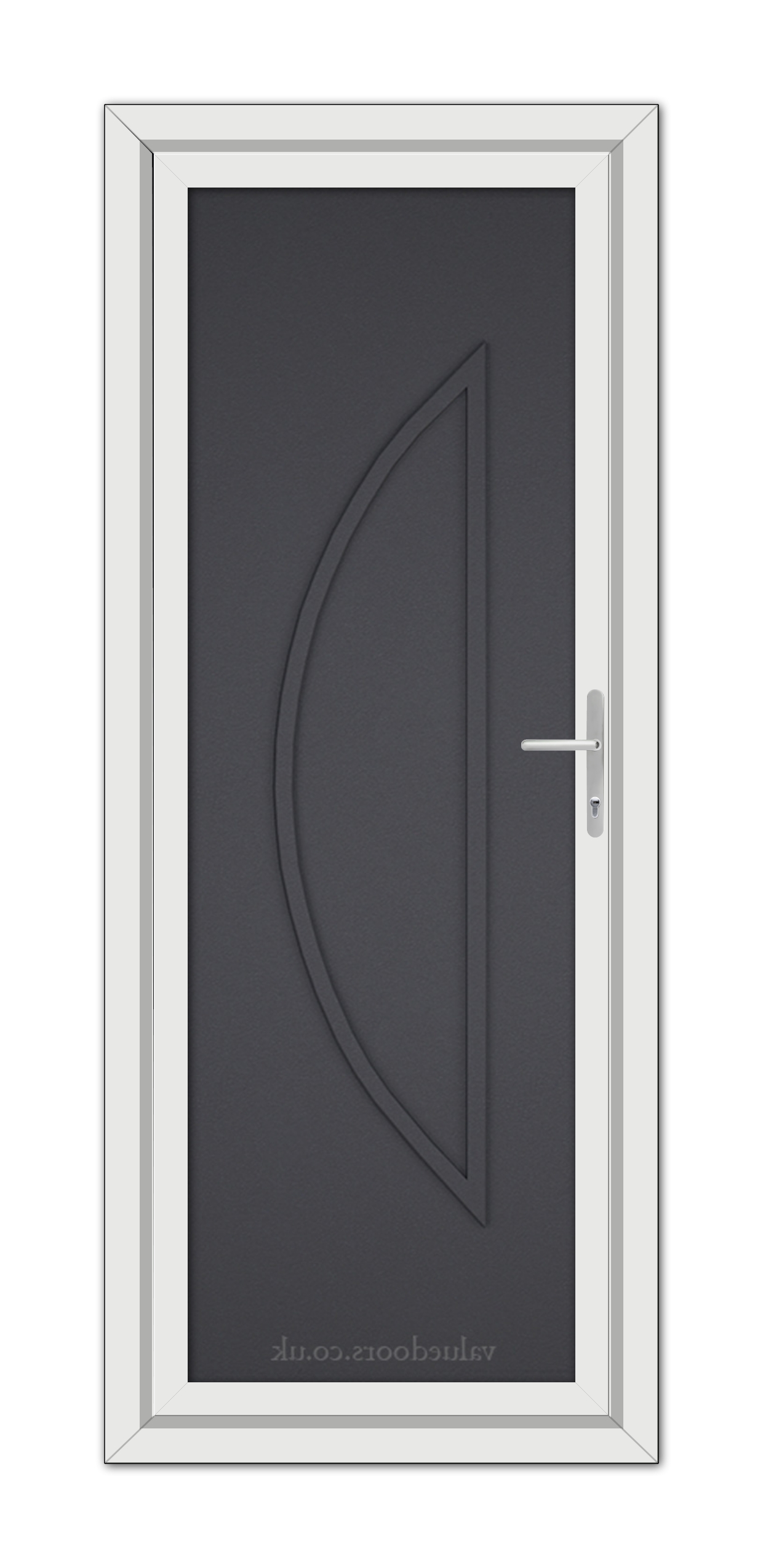 A modern, vertical image of a Grey Grained Modern 5051 Solid uPVC Door with a sleek design featuring an elongated, embossed oval shape and a metallic handle on the right side.