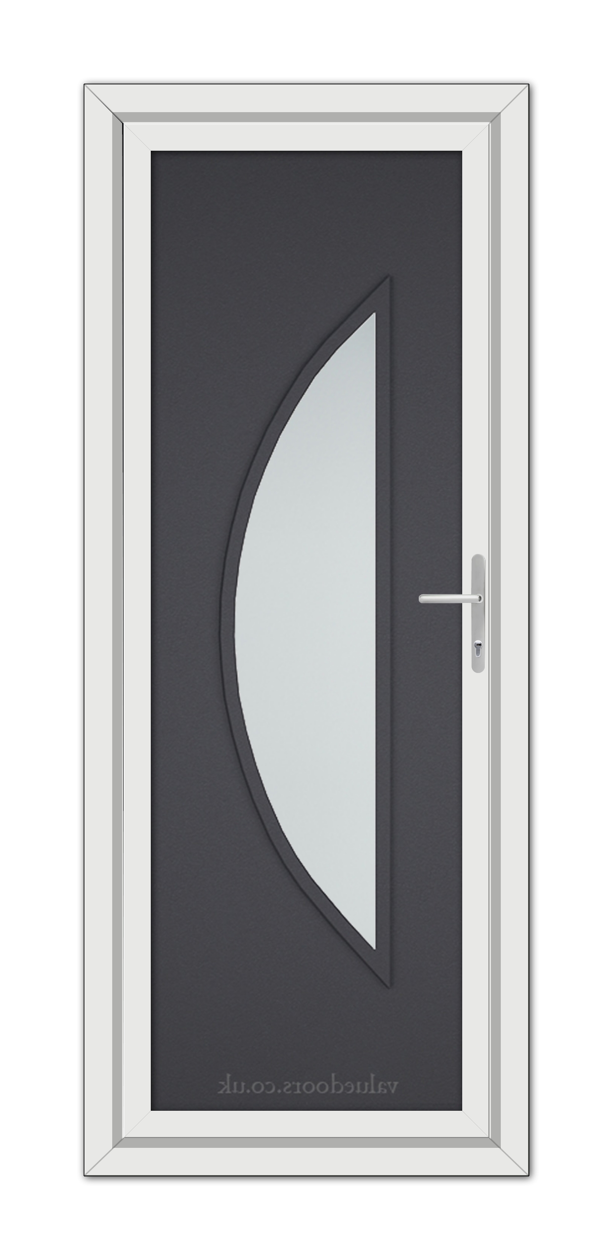 Grey Grained Modern 5051 uPVC Door featuring a vertical, off-center frosted glass panel, framed by a white surround, with a contemporary handle on the right.