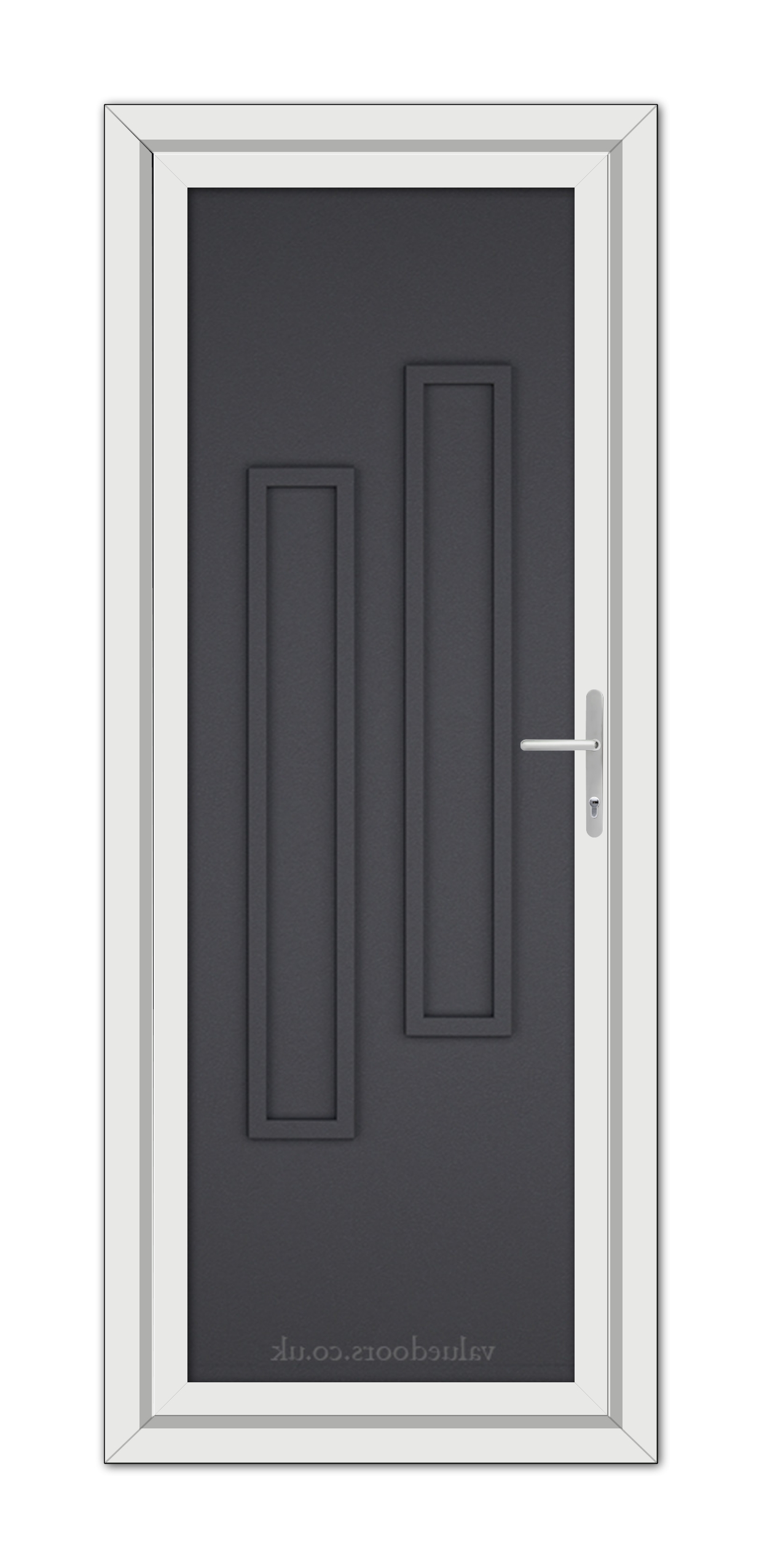 A Grey Grained Modern 5082 Solid uPVC door with a vertical, double-panel design and a silver handle, set in a white frame.