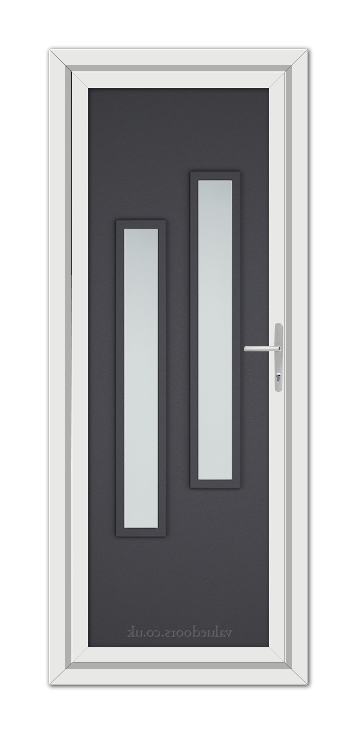 A Grey Grained Modern 5082 uPVC door with a white frame, featuring two vertical glass panels and a metallic handle on the right side.