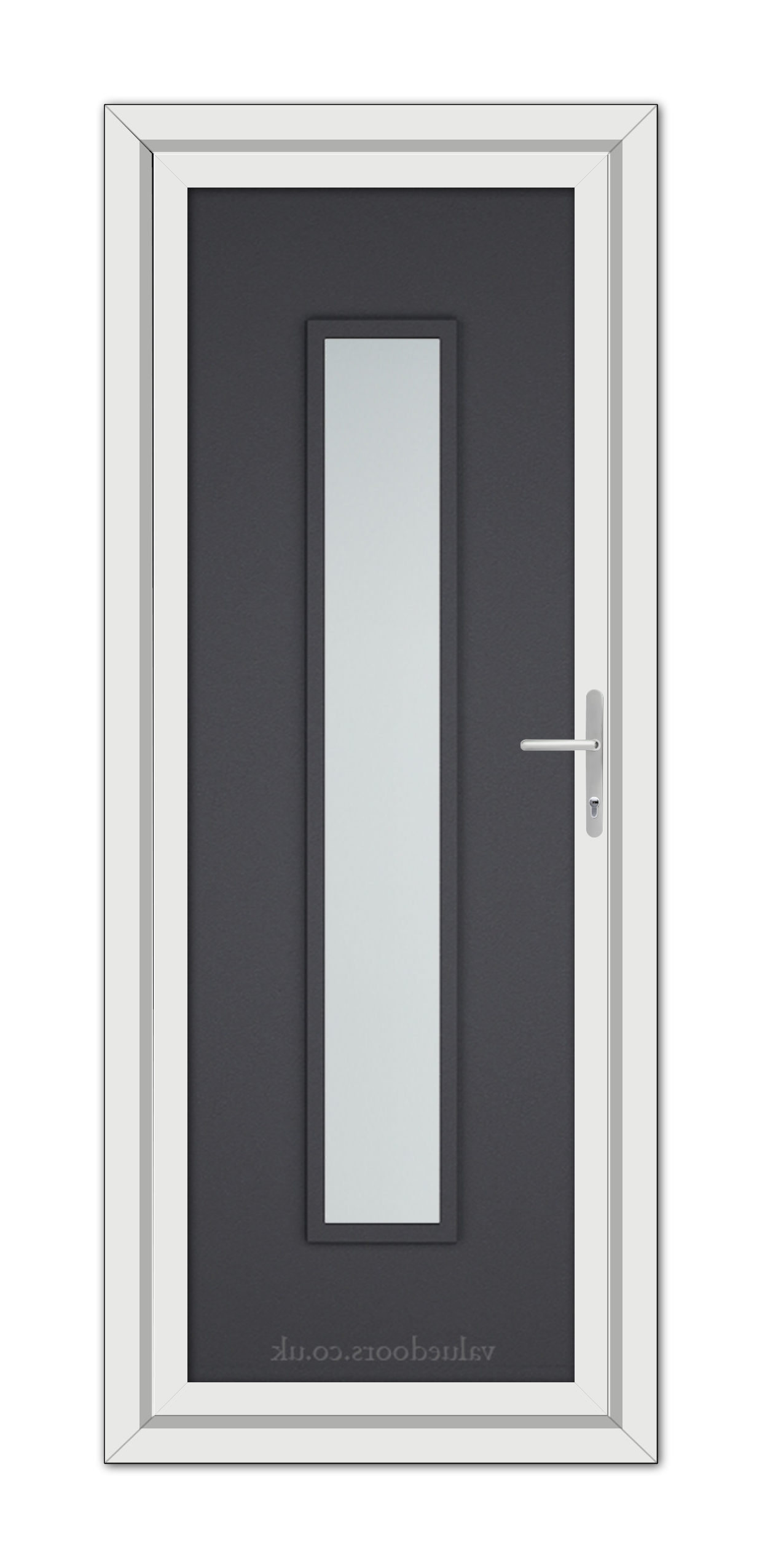 A modern, Grey Grained Modern 5101 uPVC Door with a slim, central glass panel, framed by dark gray and white borders, featuring a metallic handle on the right.