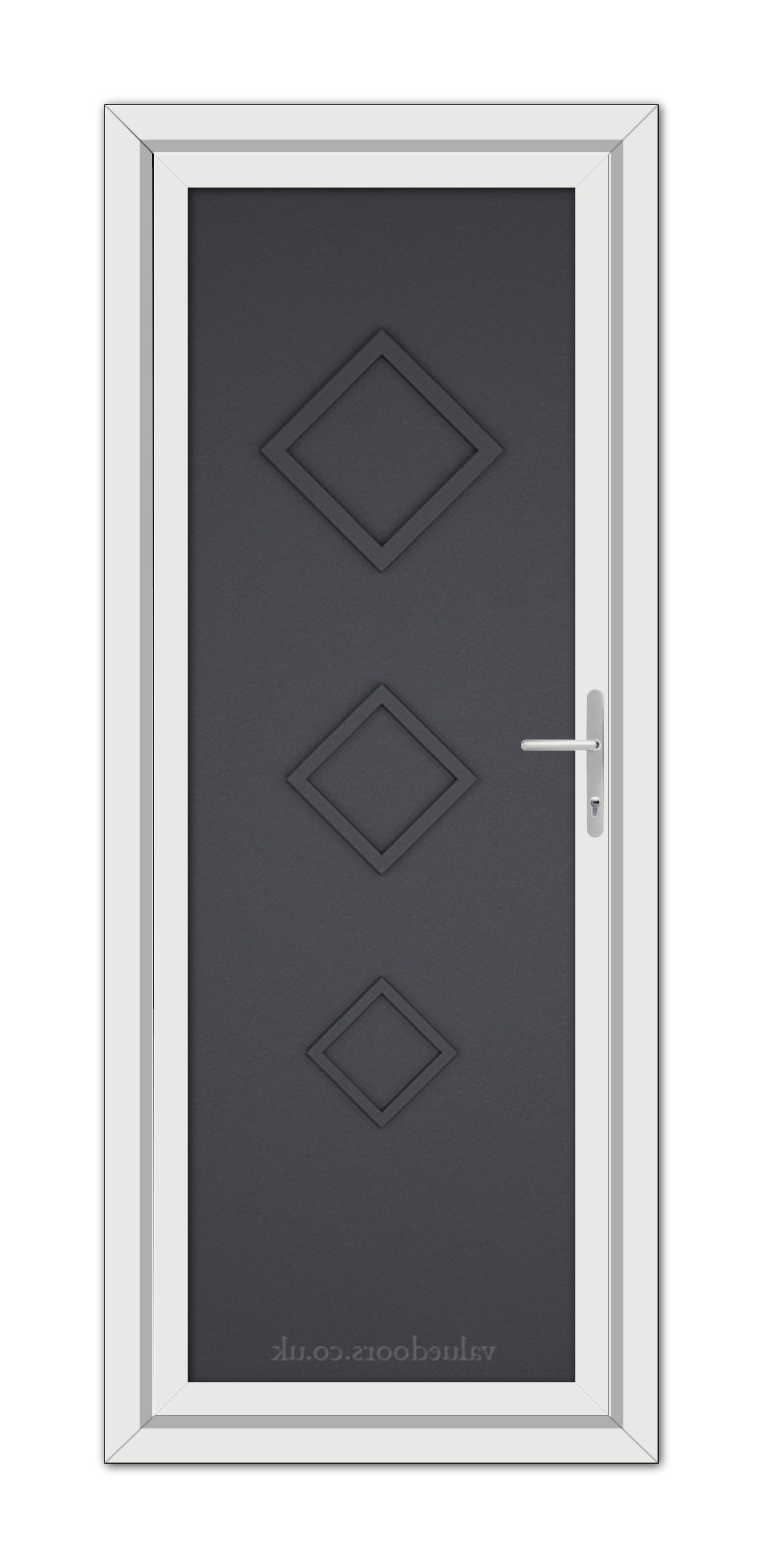 A Grey Grained Modern 5123 Solid uPVC door with a vertical handle and three diamond-shaped panels, set within a white frame.