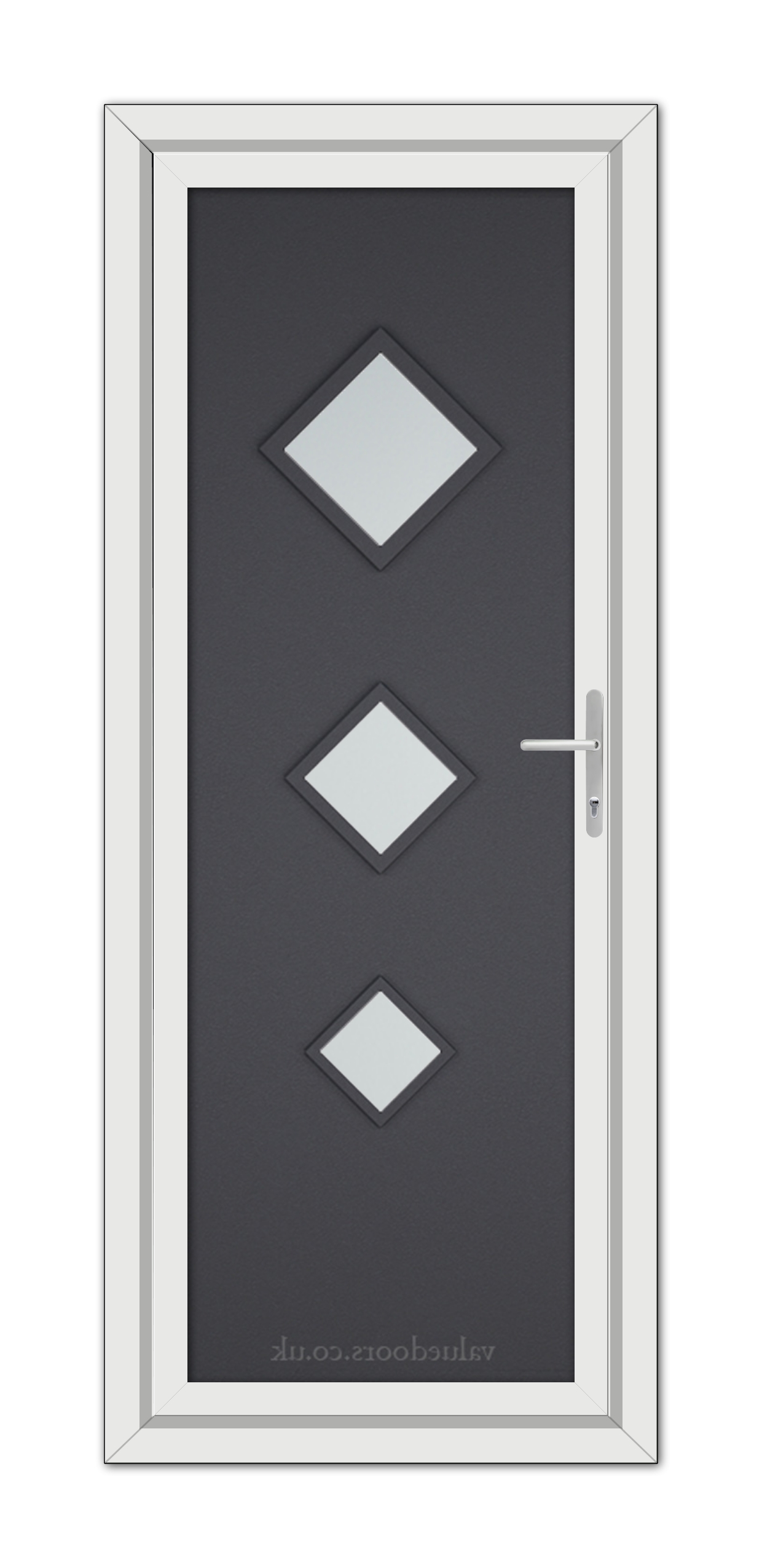 A modern Grey Grained Modern 5123 uPVC door with a dark gray panel featuring three diamond-shaped windows and a silver handle on the right.