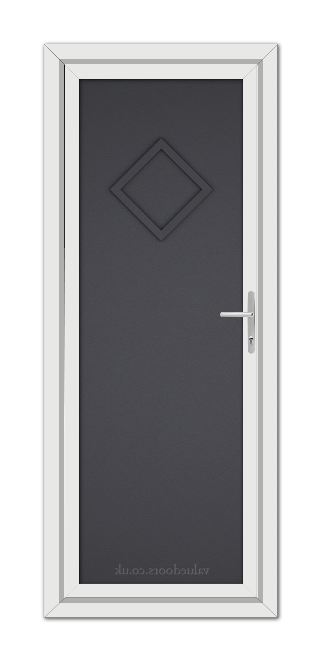 A Grey Grained Modern 5131 Solid uPVC Door with a diamond-shaped panel, framed in white, featuring a silver handle on the right side.