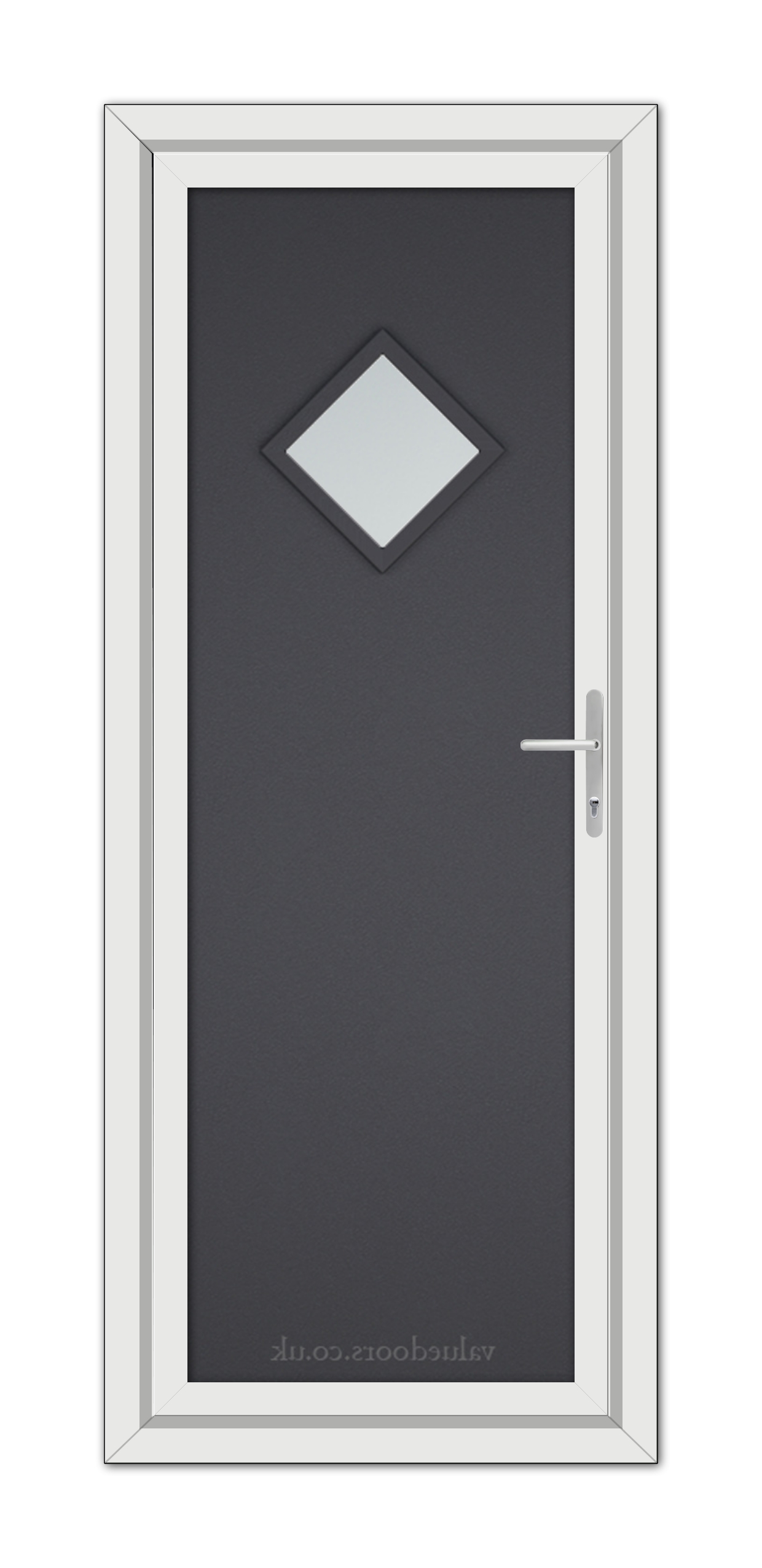 Grey Grained Modern 5131 uPVC door frame enclosing a Grey Grained Modern 5131 uPVC door with a diamond-shaped window and a metal handle, displayed vertically.