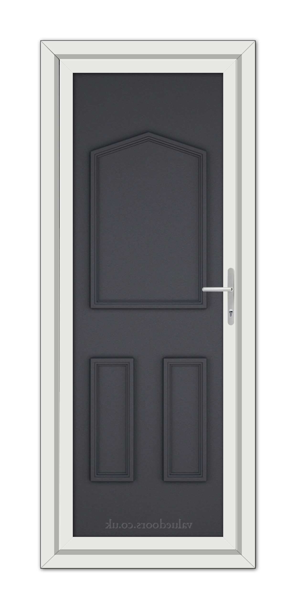 A vertical image of a Grey Grained Oxford Solid uPVC Door with a silver handle, framed by a white door frame, displayed against a white background.