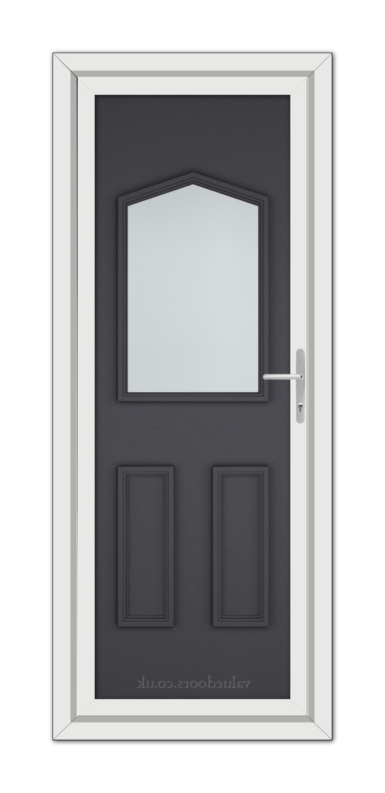 A modern Grey Grained Oxford uPVC Door featuring an arched window at the top, two recessed panels below, and a metallic handle on the right side, set in a white frame.