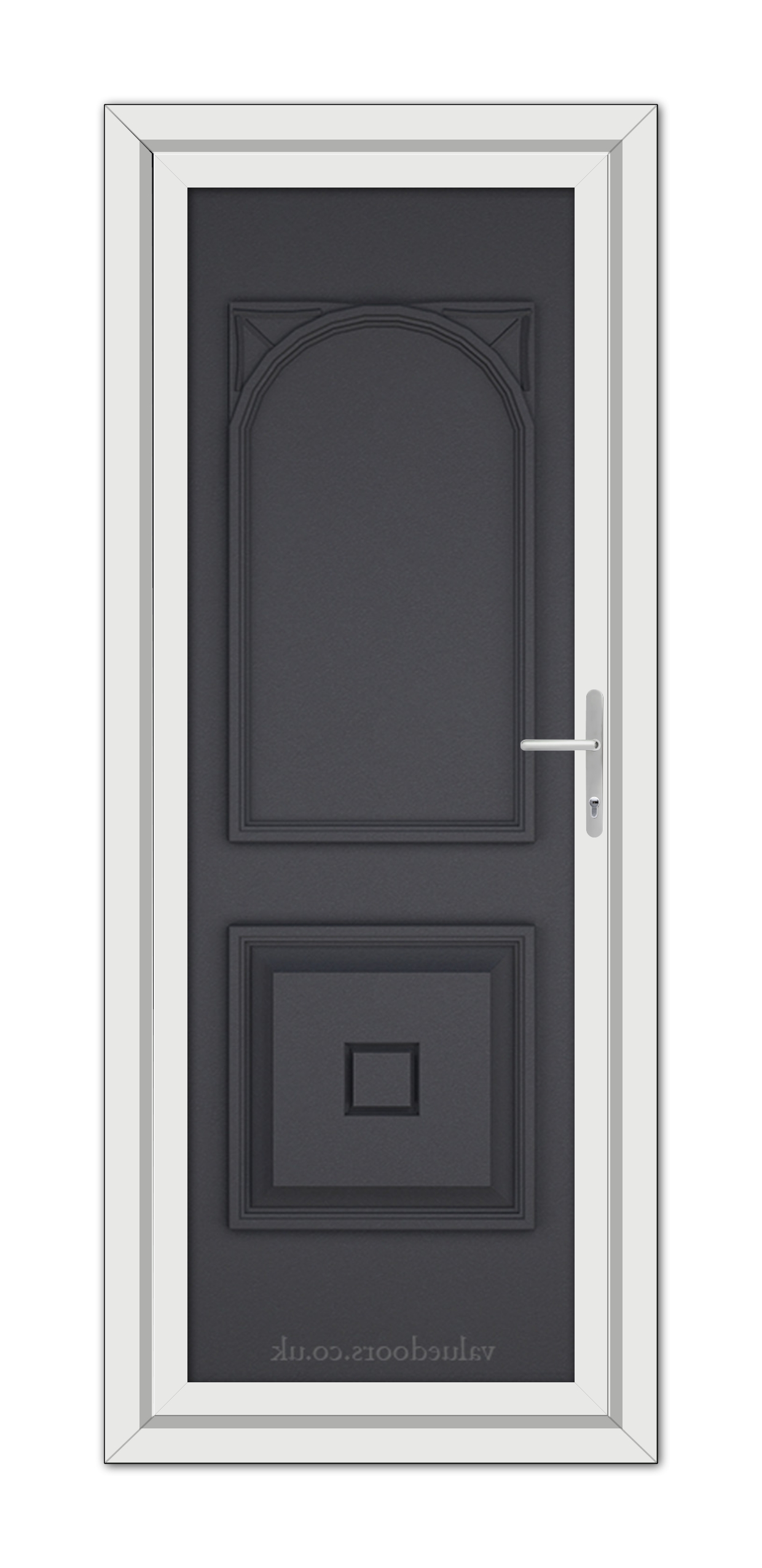 A vertical image of a Grey Grained Reims Solid uPVC Door with a rectangular and arched design, featuring a silver handle, set in a white frame.