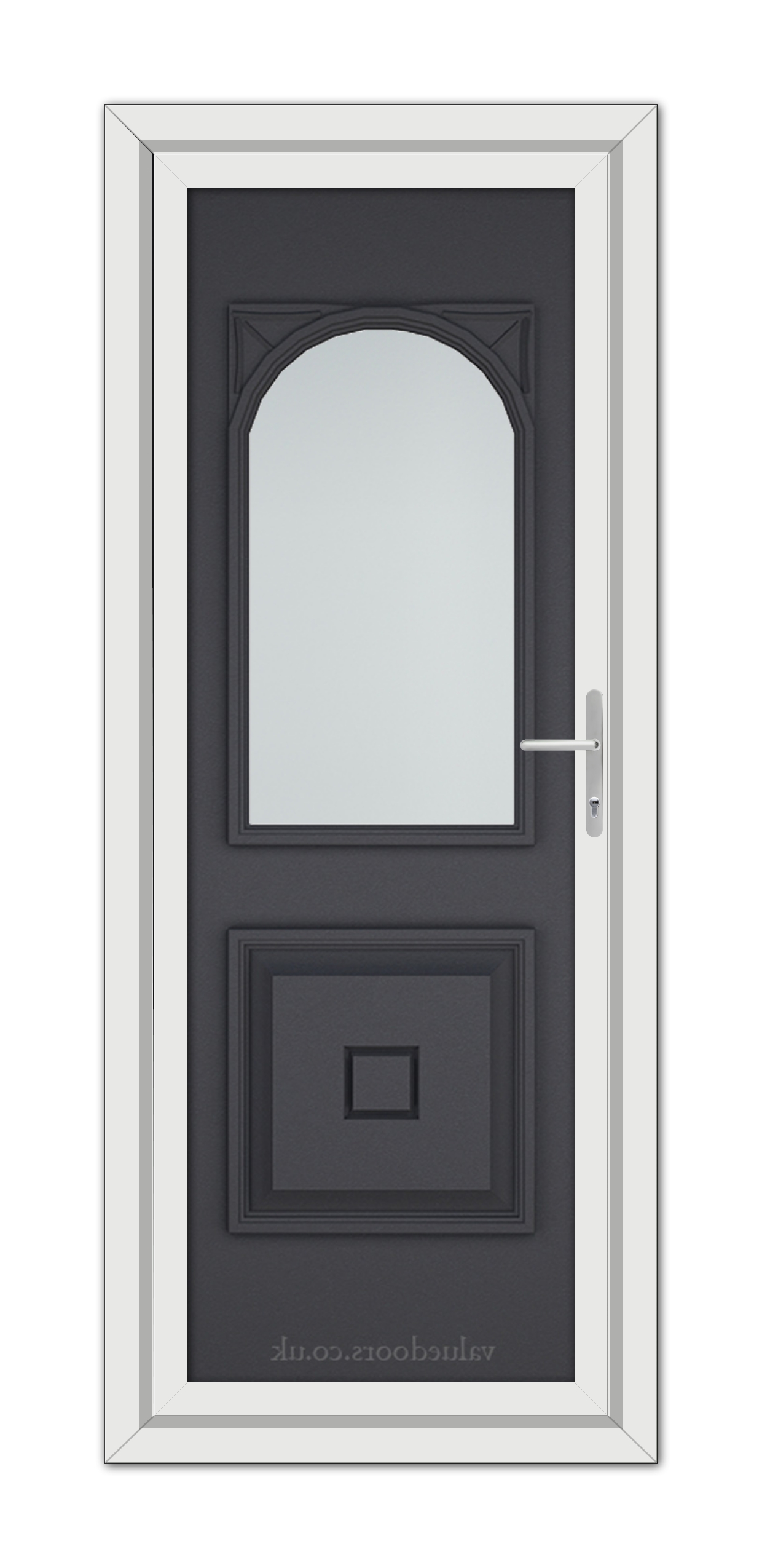 A modern Grey Grained Reims uPVC door with a vertical oval glass window at the top, set in a white frame, featuring a metallic handle on the right.