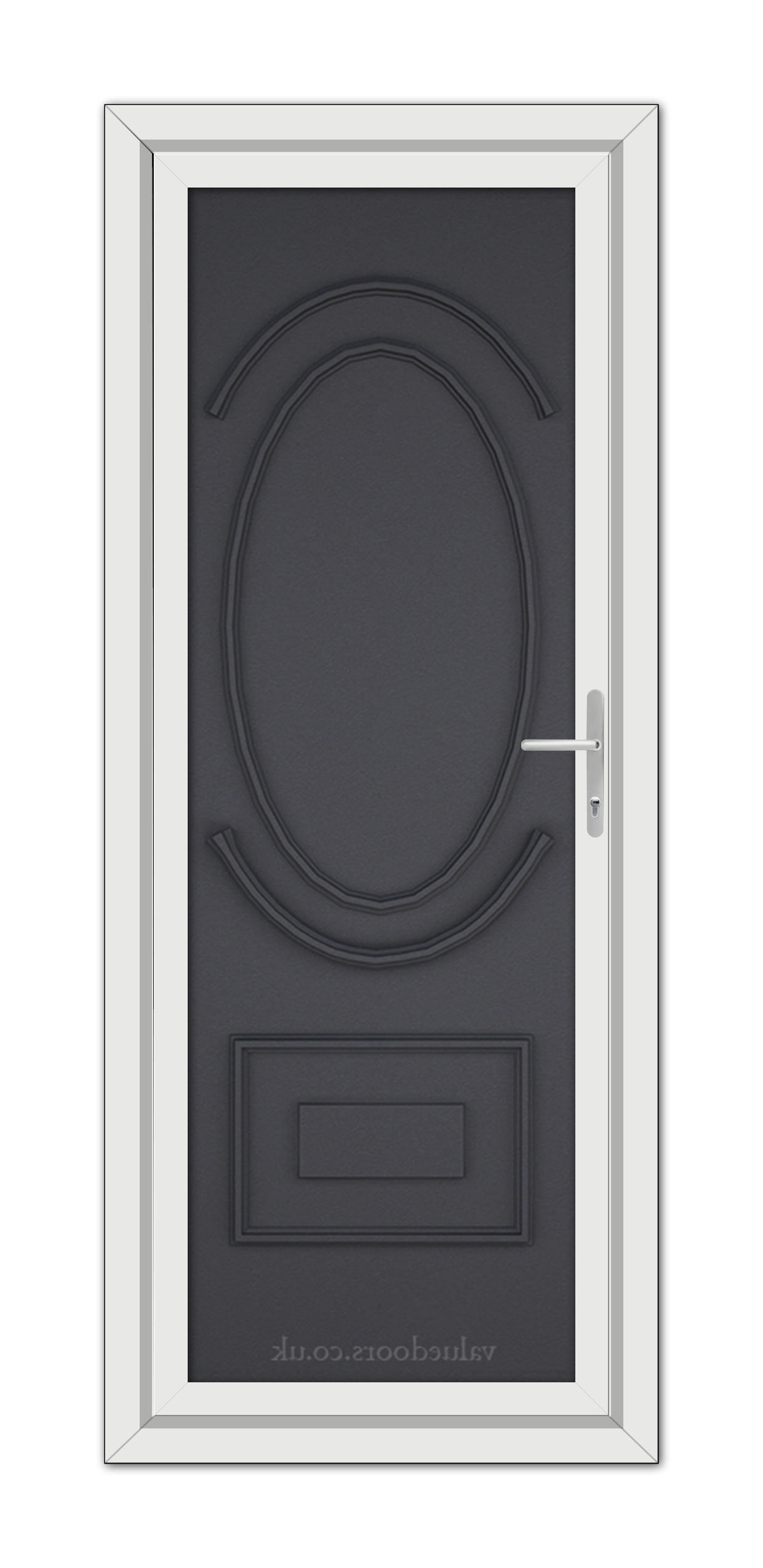 A modern, Grey Grained Richmond Solid uPVC door featuring an oval glass panel at the top, and a metallic handle on the right side, framed in white.