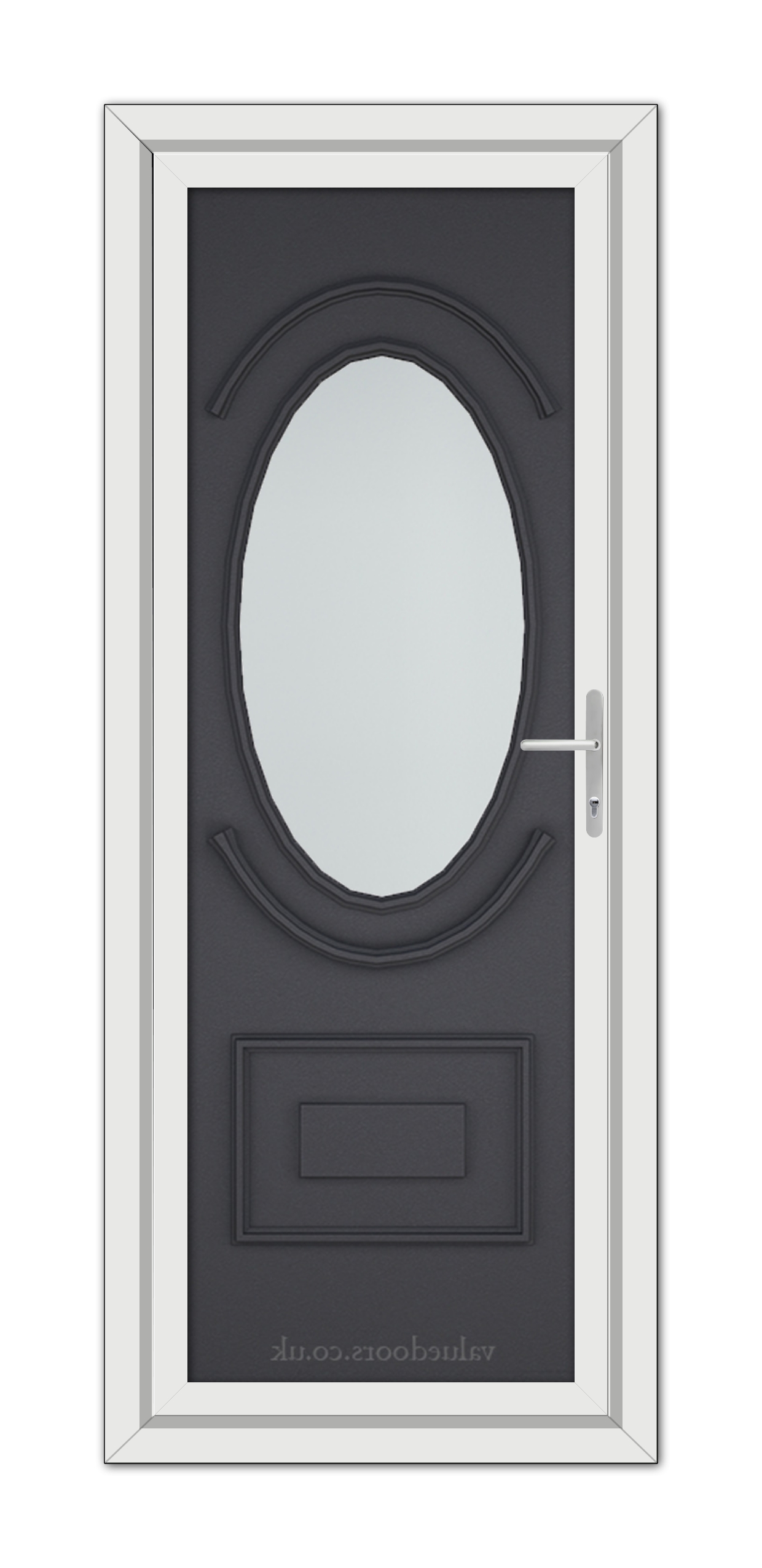 A modern Grey Grained Richmond uPVC door featuring a large oval glass panel at the top and a rectangular raised panel at the bottom, framed in white, with a silver handle on the right.