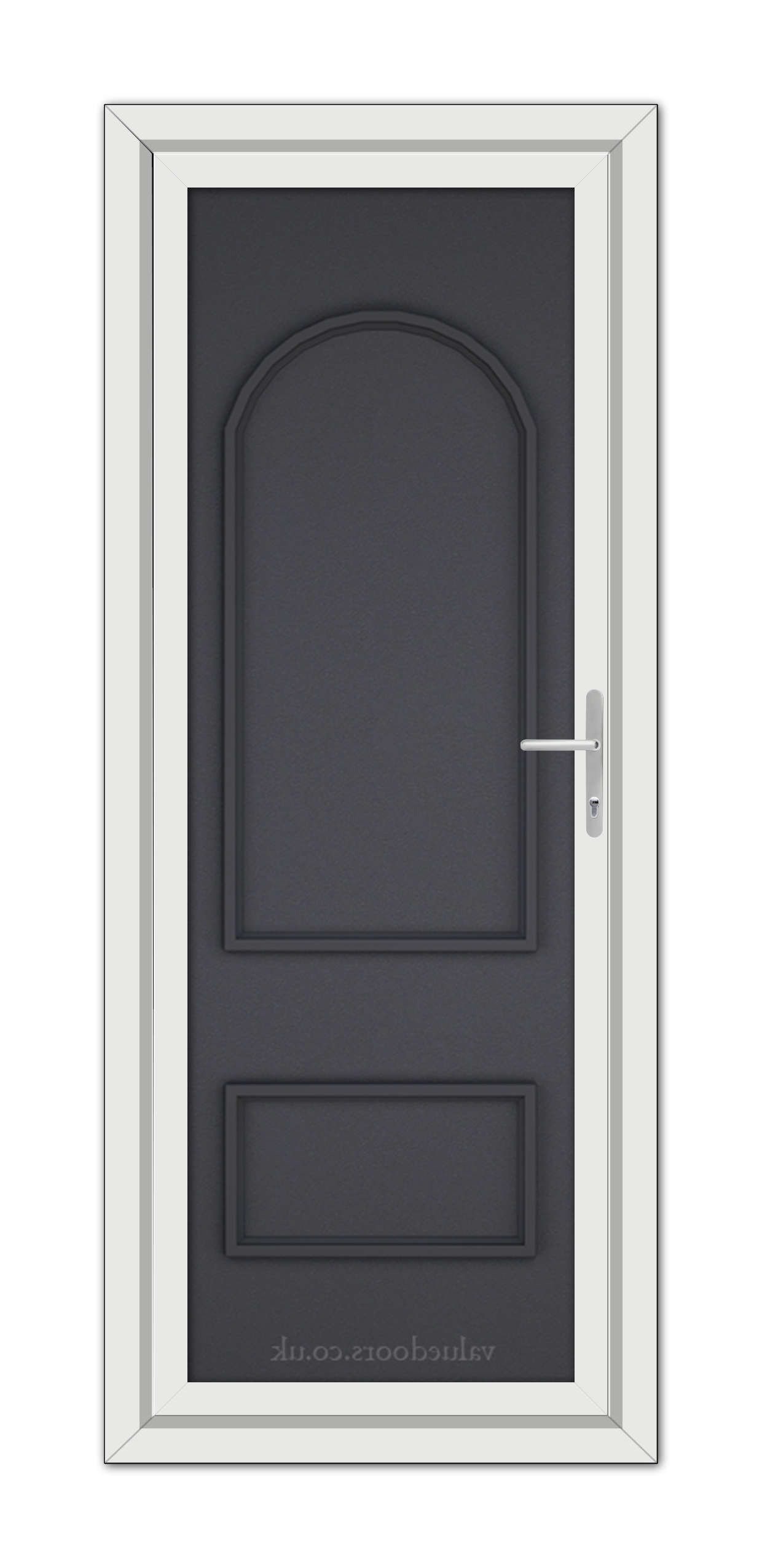 A vertical image of a Grey Grained Rockingham Solid uPVC Door with a white frame and a silver handle, viewed from the front.