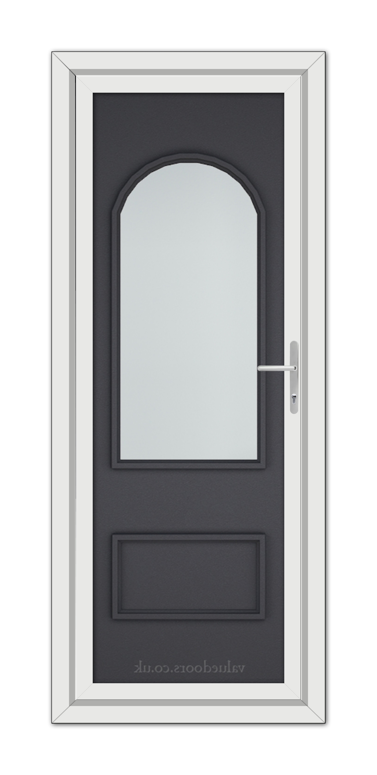 A modern Grey Grained Rockingham uPVC door with an arched window and silver handle, framed in white.