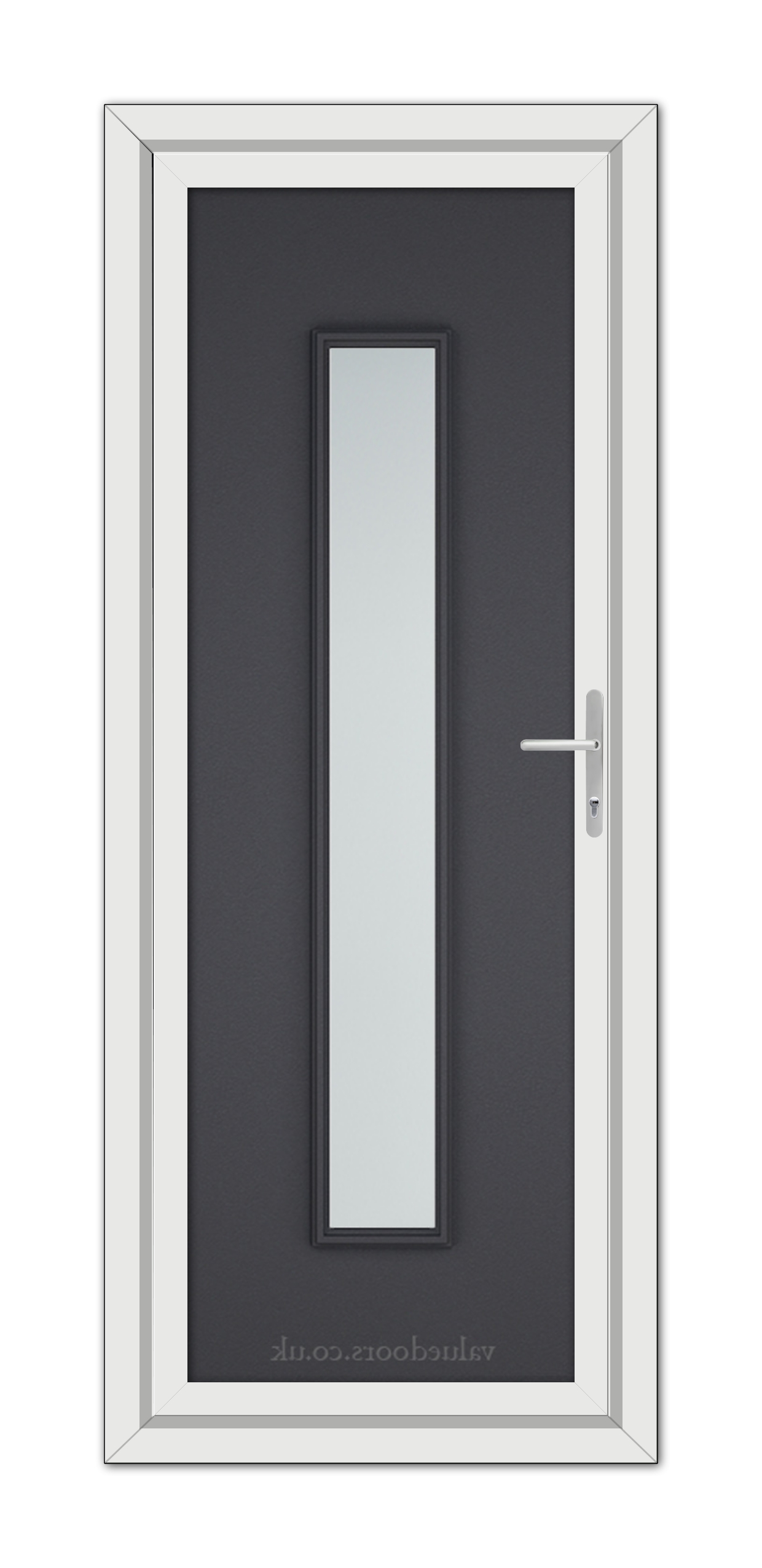Modern Grey Grained Rome uPVC Door with a vertical glass panel and a metallic handle, framed by a white border.