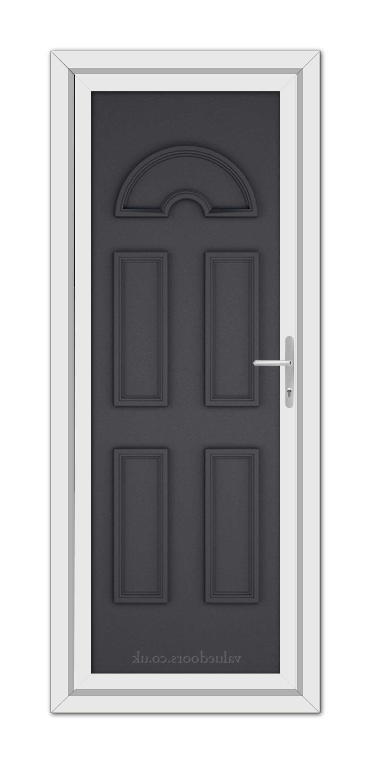 Front view of a Grey Grained Sandringham Solid uPVC Door with six panels and a silver handle, set within a white frame.