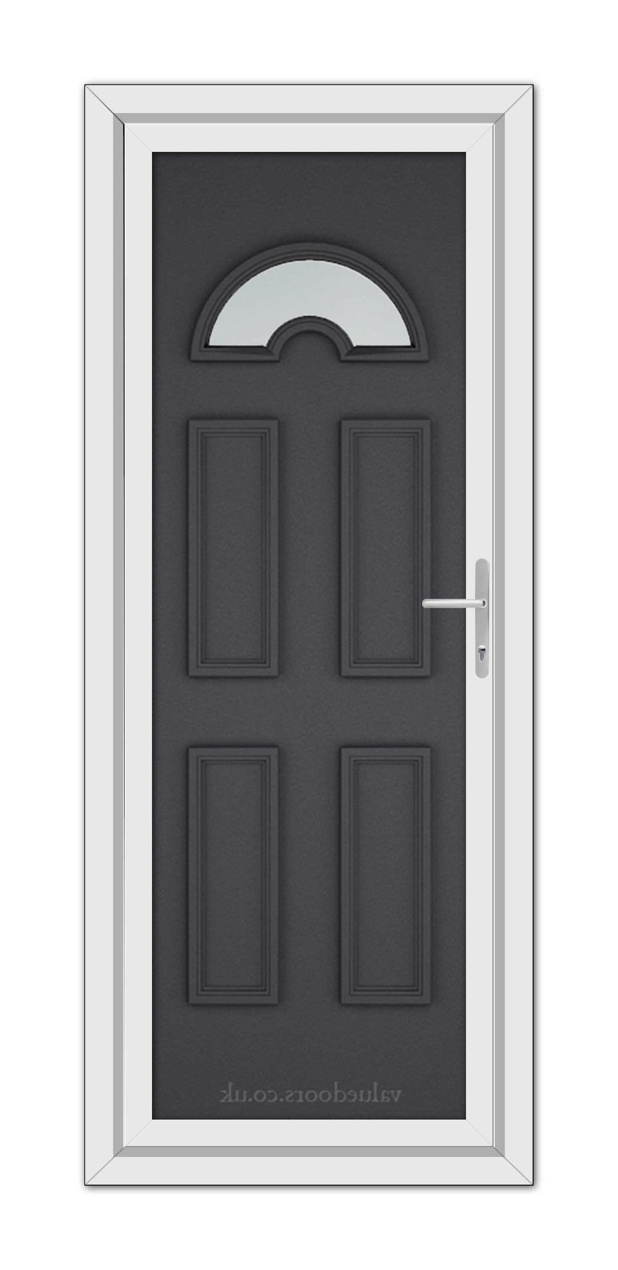 A modern Grey Grained Sandringham uPVC Door with a semicircular window at the top, framed in white with a metallic handle on the right side.