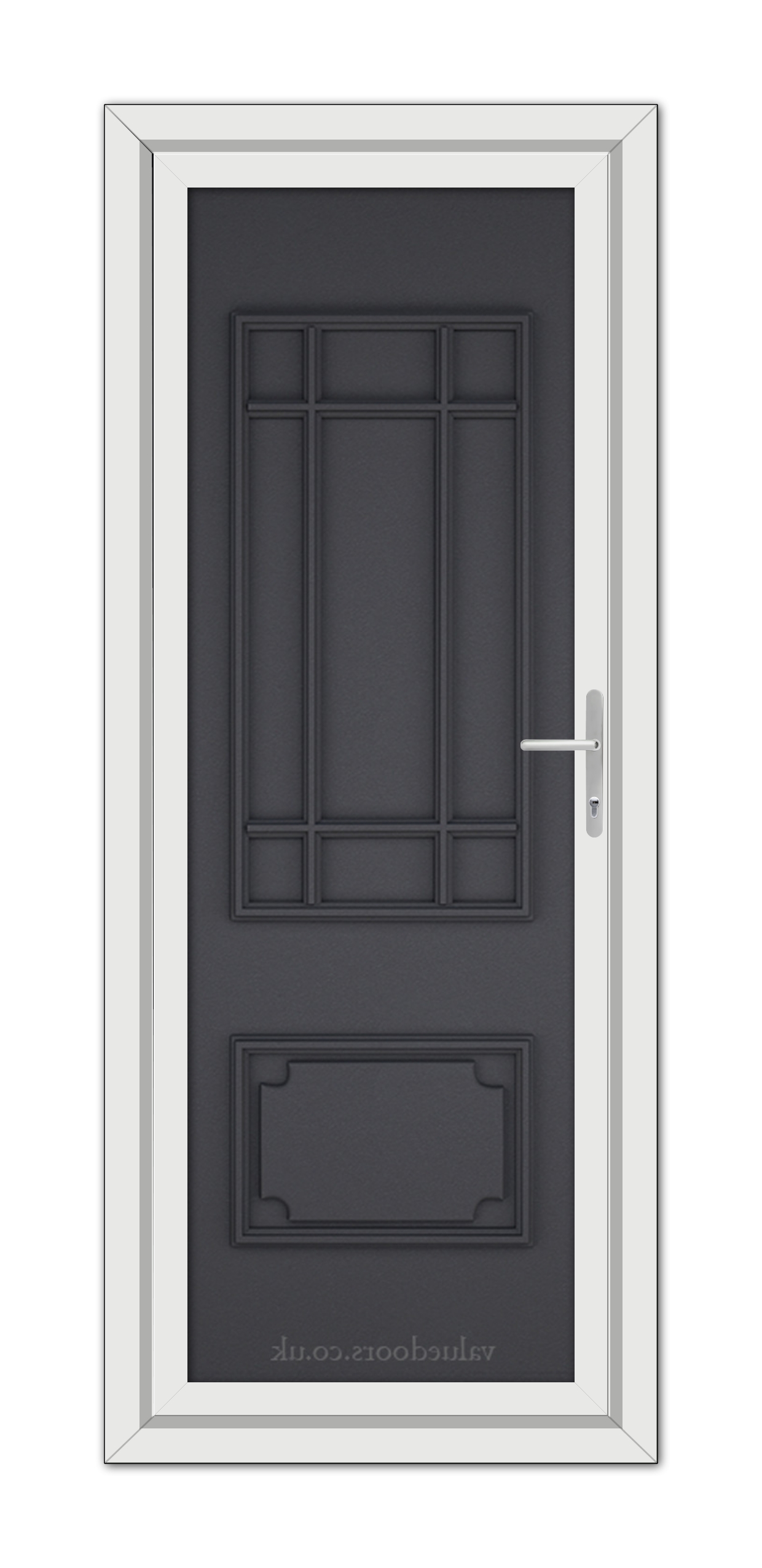 A vertical image of a closed, modern Grey Grained Seville Solid uPVC door with a white frame and silver handle.