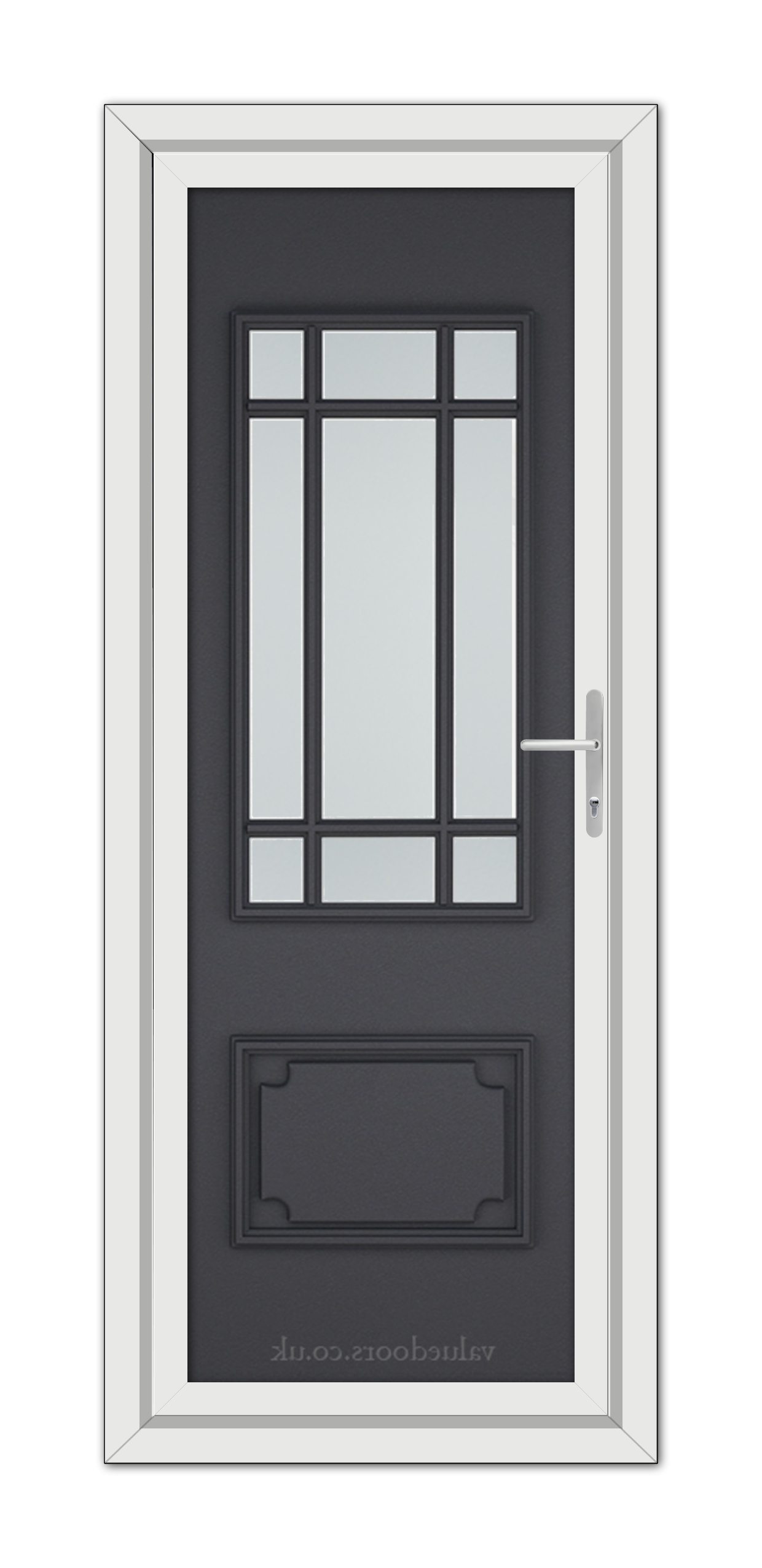 Vertical image of a modern Grey Grained Seville uPVC Door with a rectangular glass window at the top and a decorative panel at the bottom, framed by a white casing.